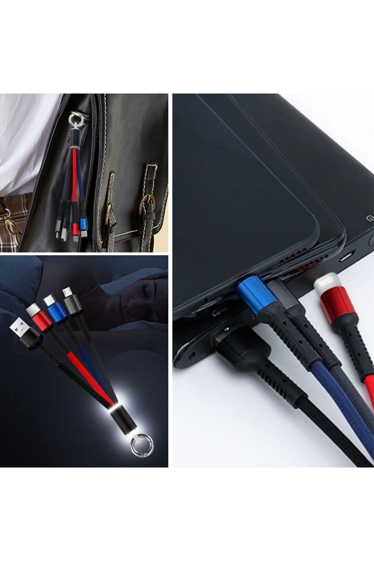 OurStyles Işıklı Anahtarlık Model 3 İn 1 Usb Çıkışlı Mikro,type-c Ve İphone Uyumlu Şarj Kablosu