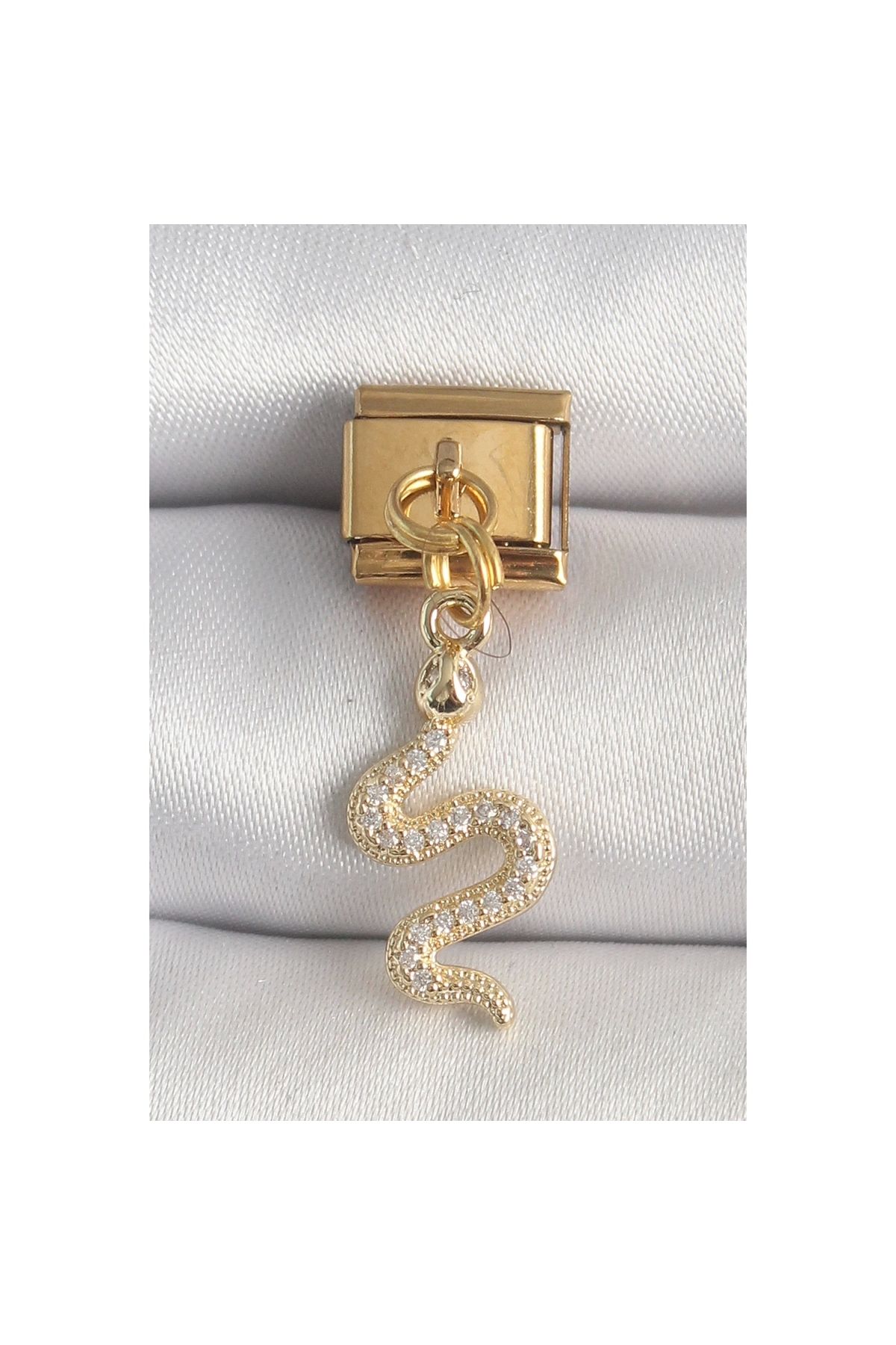 Marsilyan 316L Çelik Gold Renk Sallantı Zirkon Taşlı Yılan Model Nomination Charm - TJ-BC1364