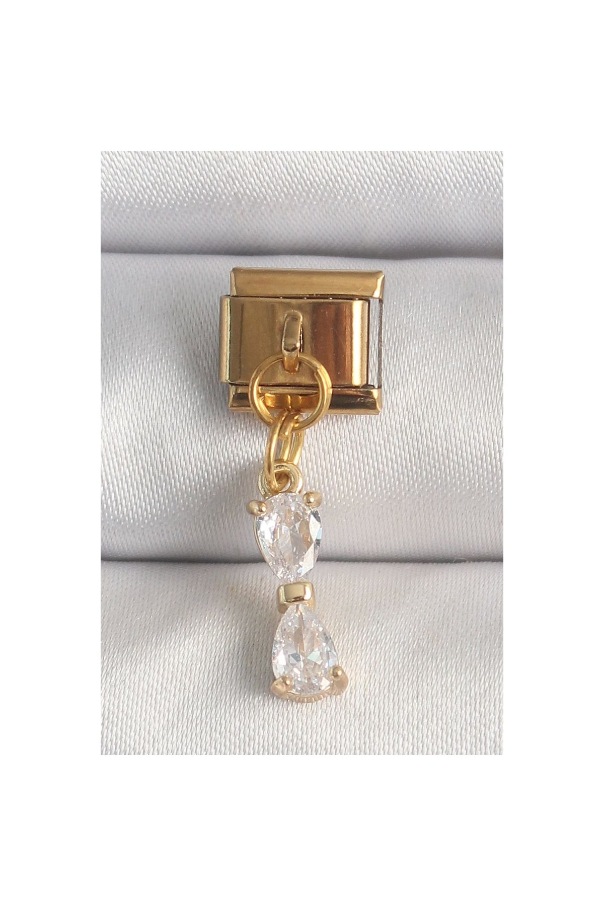 Marsilyan 316L Çelik Gold Renk Sallantı Zirkon Taşlı Kurdele Model Nomination Charm