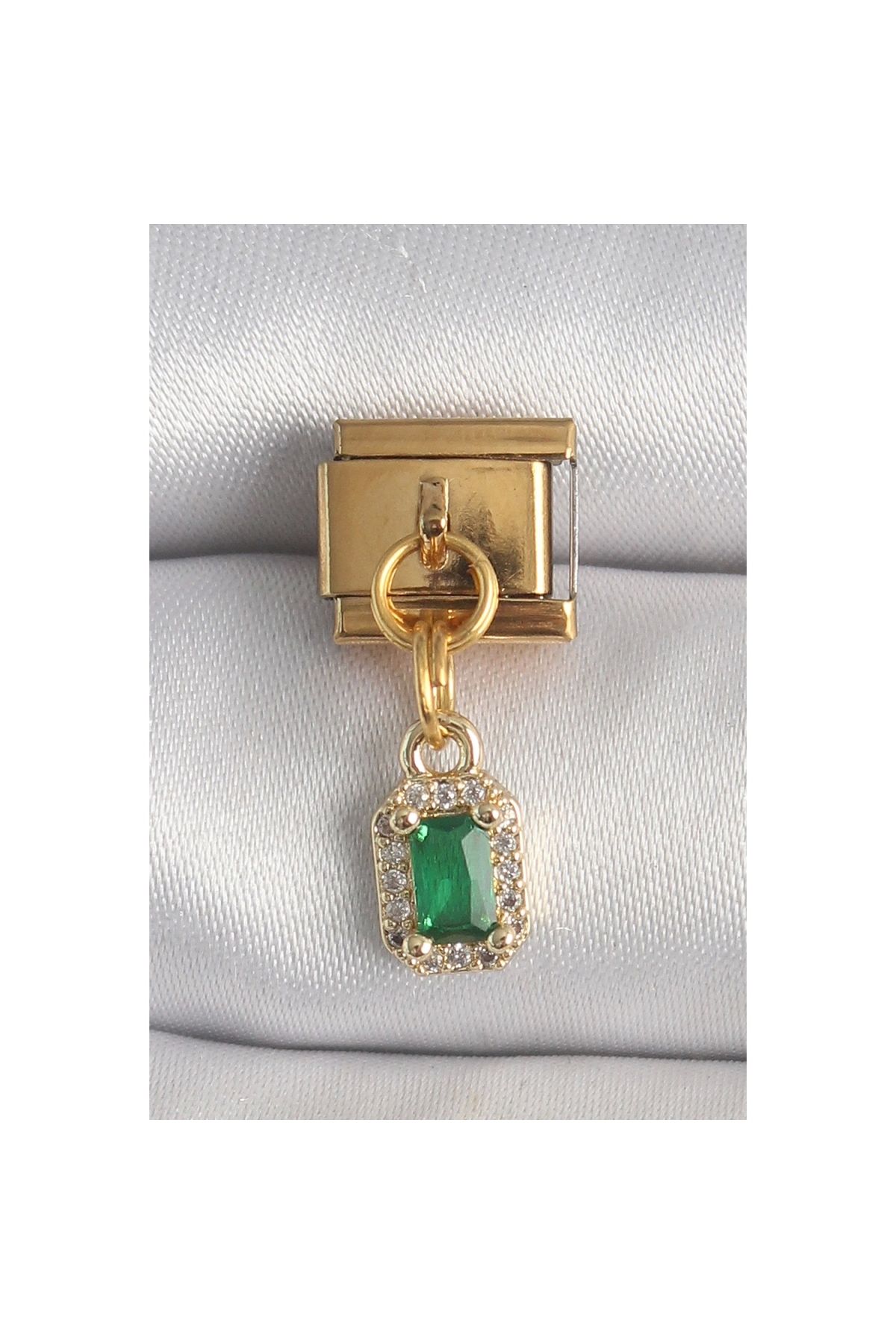 Marsilyan 316L Çelik Gold Renk Sallantı Kare Yeşil Zirkon Taşlı Nomination Charm - TJ-BC1352