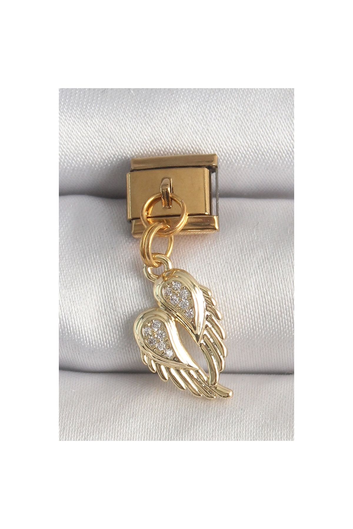 Marsilyan 316L Çelik Gold Renk Sallantı Zirkon Taşlı Kanat Model Nomination Charm - TJ-BC1368