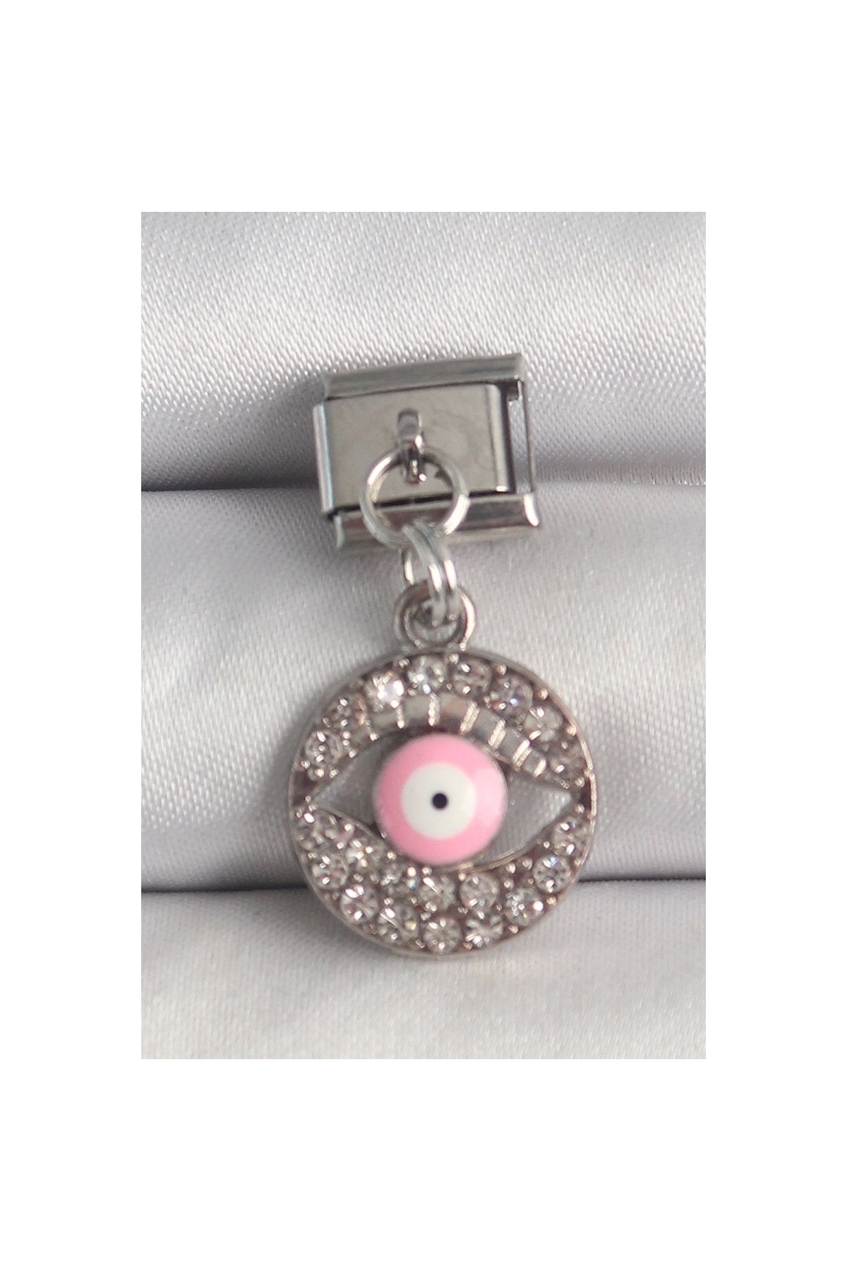 Marsilyan 316L Çelik Gümüş Renk Sallantı Zirkon Taşlı Pembe Göz Model Nomination Charm - TJ-BC1373