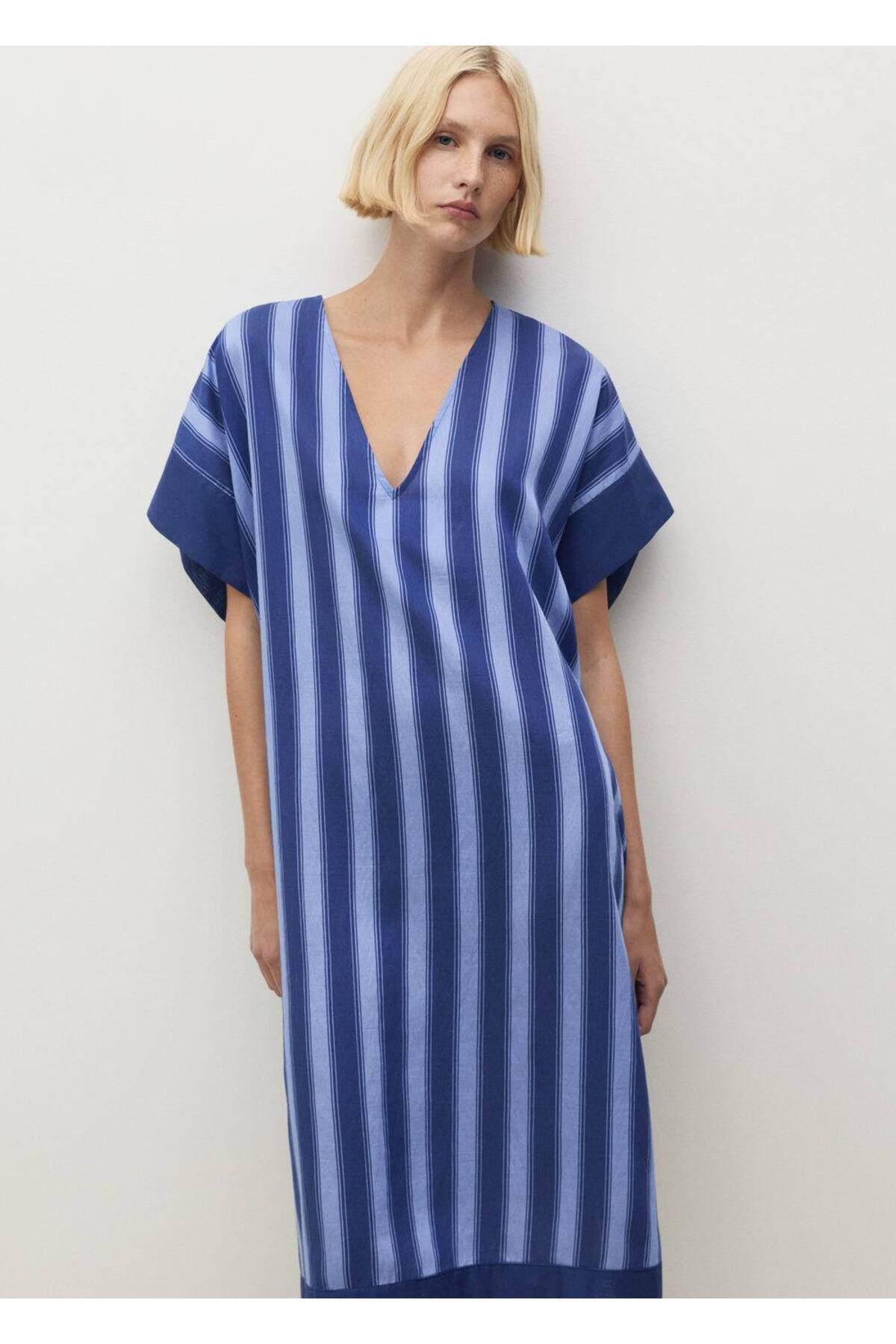 İki renkli çizgili dokuma lyocell tunik