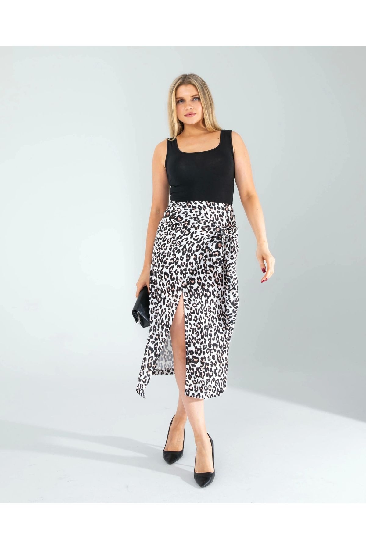 OurStyles Yandan Büzgülü Leopar Desenli Saten Etek