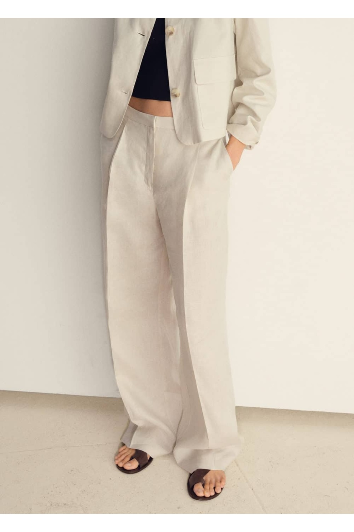 Düz Paça Keten Pantolon, Pileli