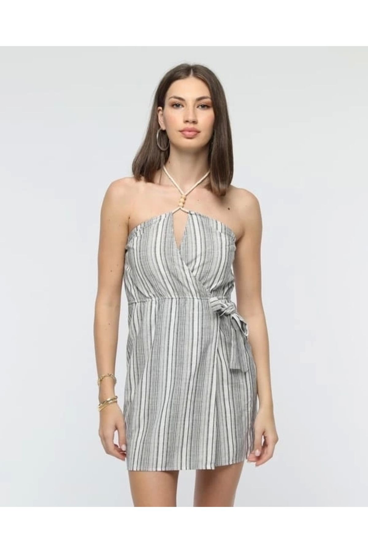 OurStyles Kuşaklı çizgili mini keten elbise