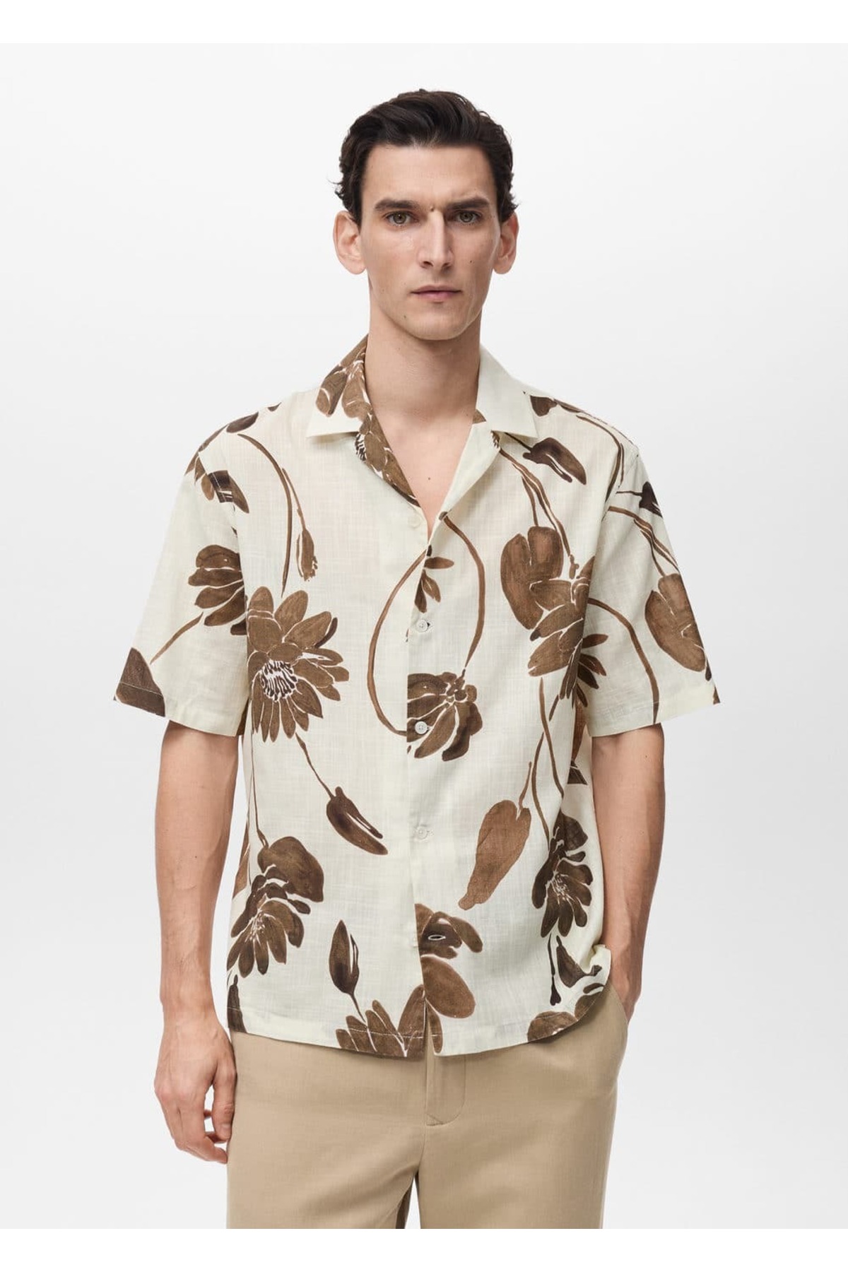 Çiçek desenli bowling yaka gömlek