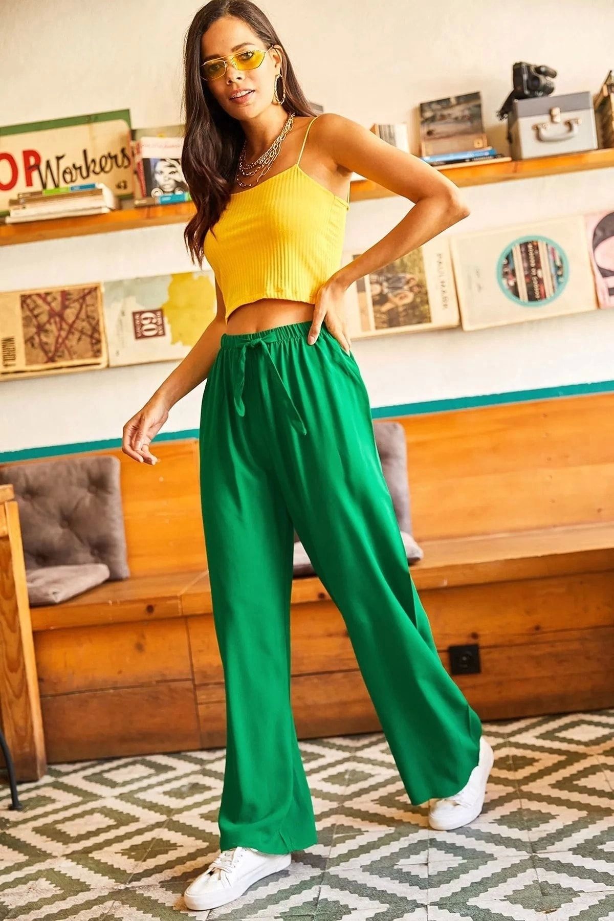 OurStyles Kuşaklı Yeşil Dokuma Viscon Palazzo Pantolon