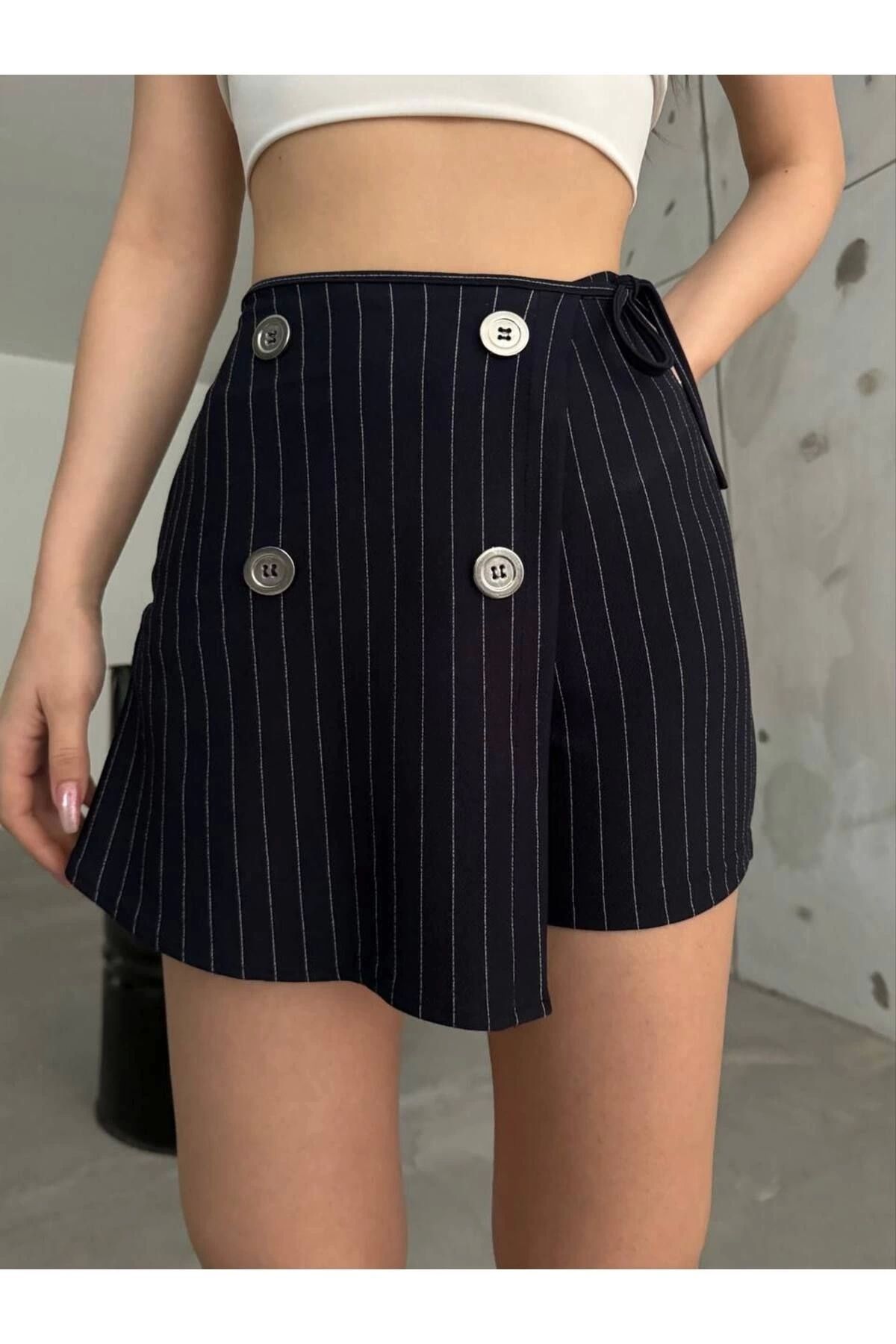 OurStyles Lacivert Düğme Detaylı İtalyan Çizgili Şort Etek