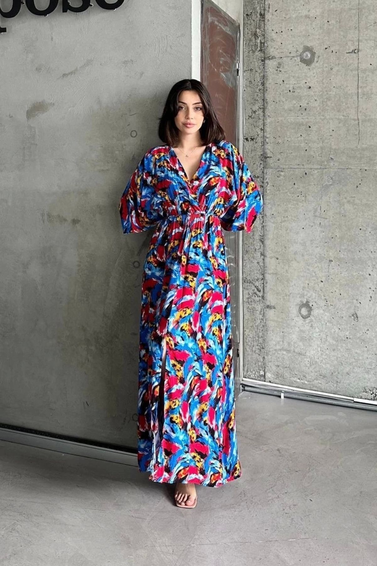 OurStyles Dokuma baskılı yarasa kol elbise s8124