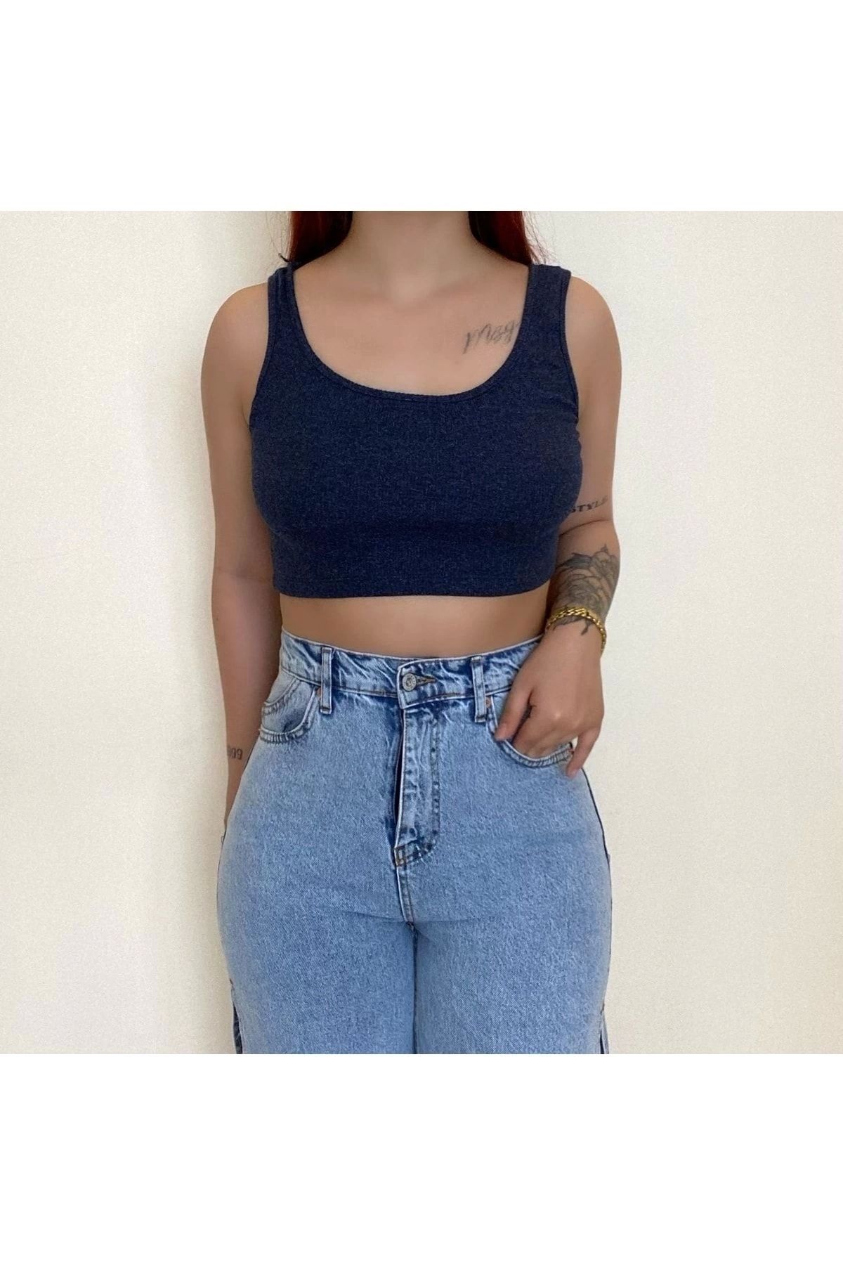 OurStyles İndigo Kalın Askılı Fitilli Crop