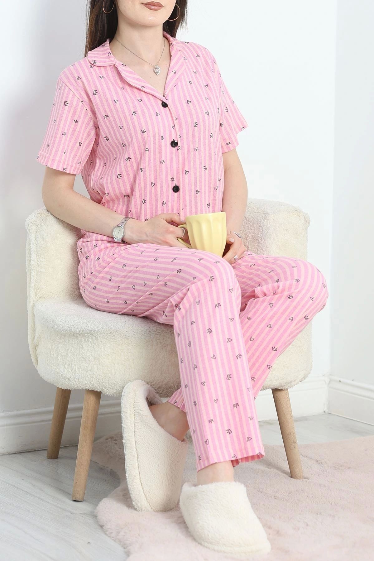 OurStyles Düğmeli Süprem Pijama Takımı Pembekiraz - 50194.1857.