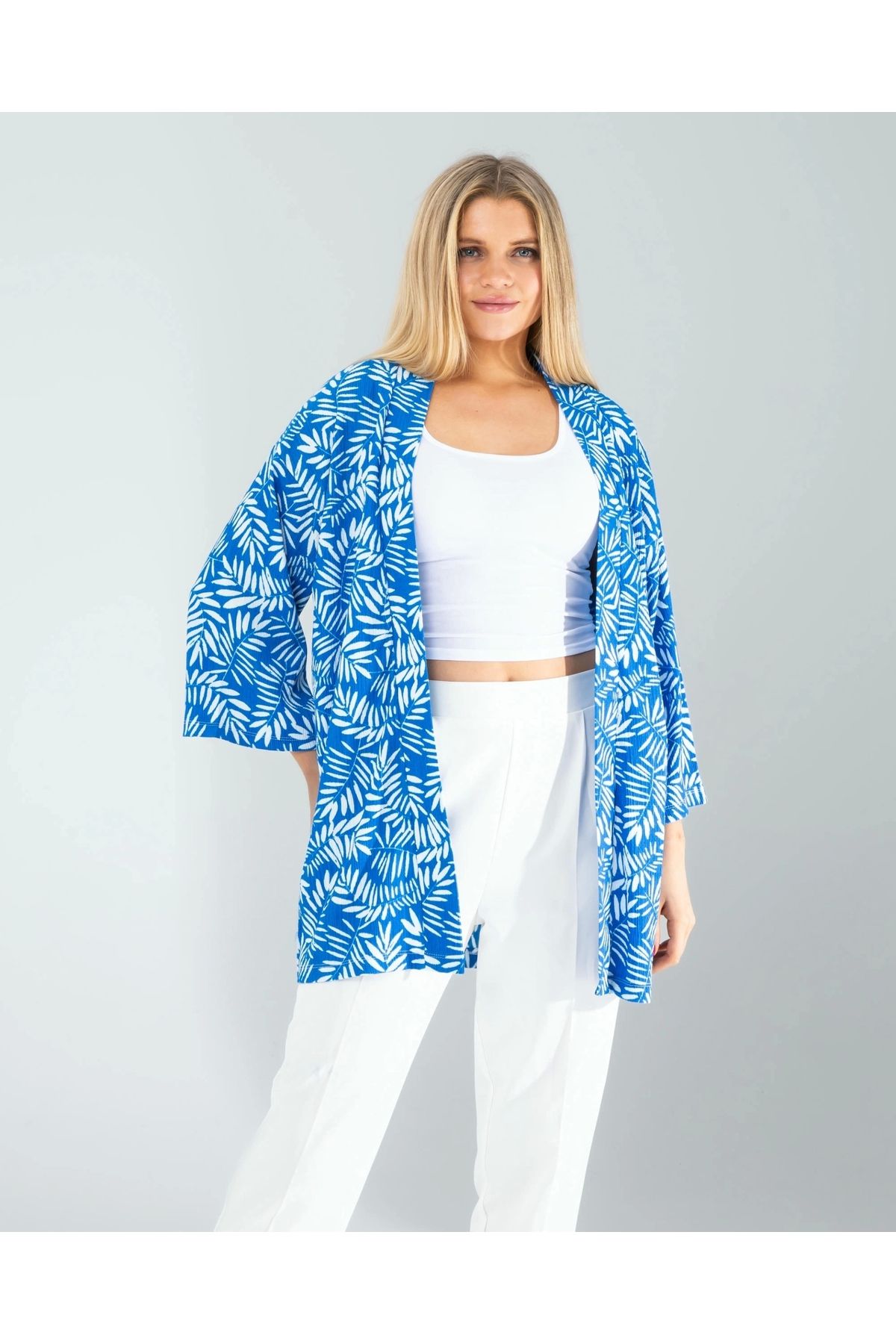 OurStyles Çiçek Desen Mavi Kimono