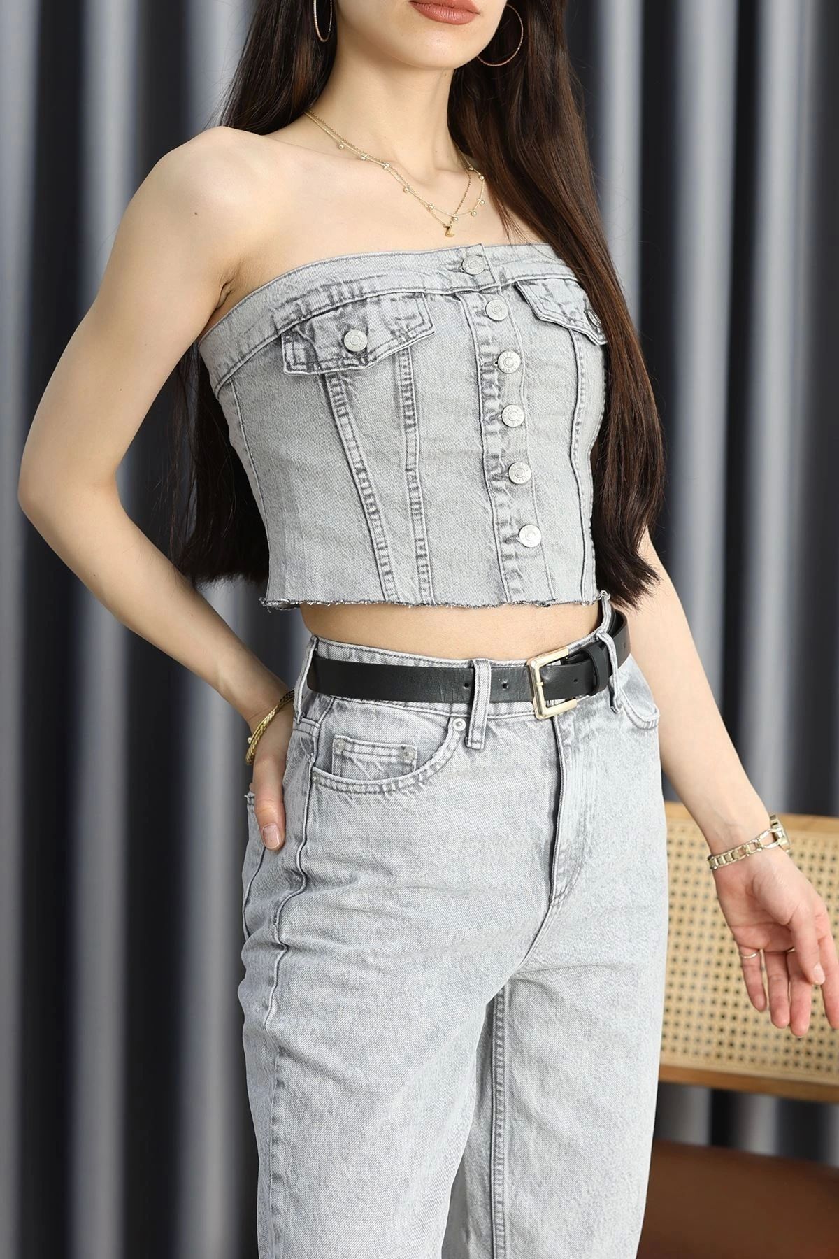 OurStyles Düğmeli Büstiyer Gri - 10782.1966.