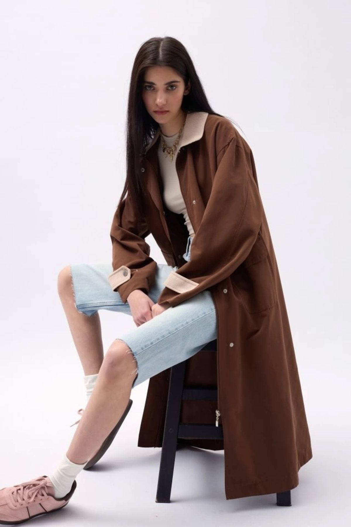 Kaplan Yaka Detaylı Oversize Trençkot