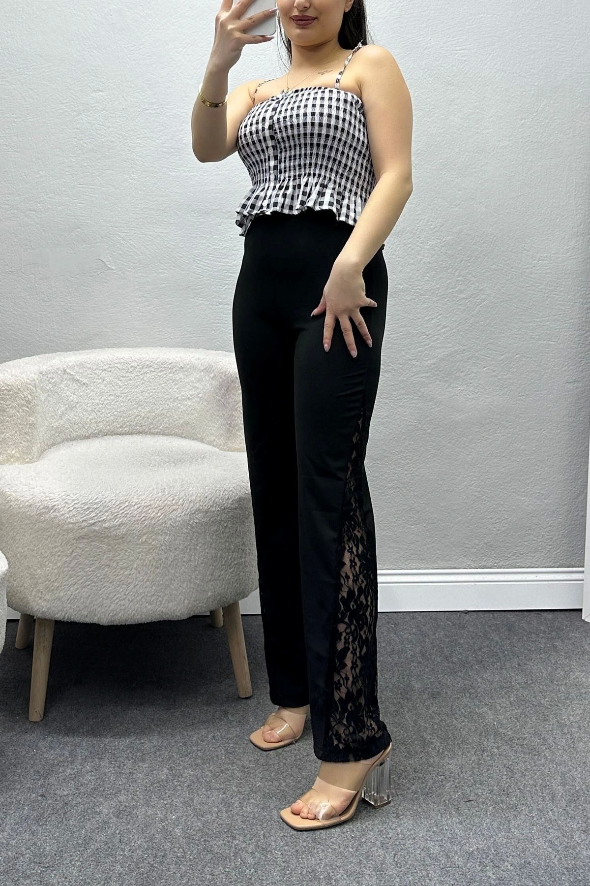 OurStyles Dalgıç Kumaş Yanları Dantel Tayt Siyah - 60004.1905.