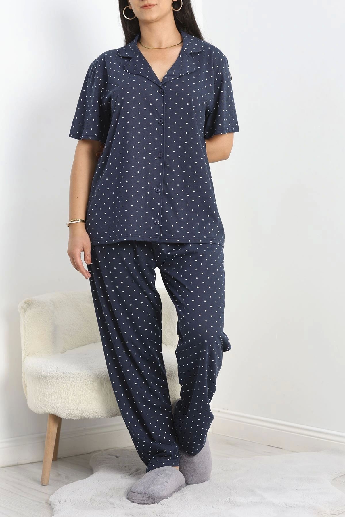 OurStyles Büyük Beden Düğmeli Süprem Pijama Takımı Lacivert - 50350.919.