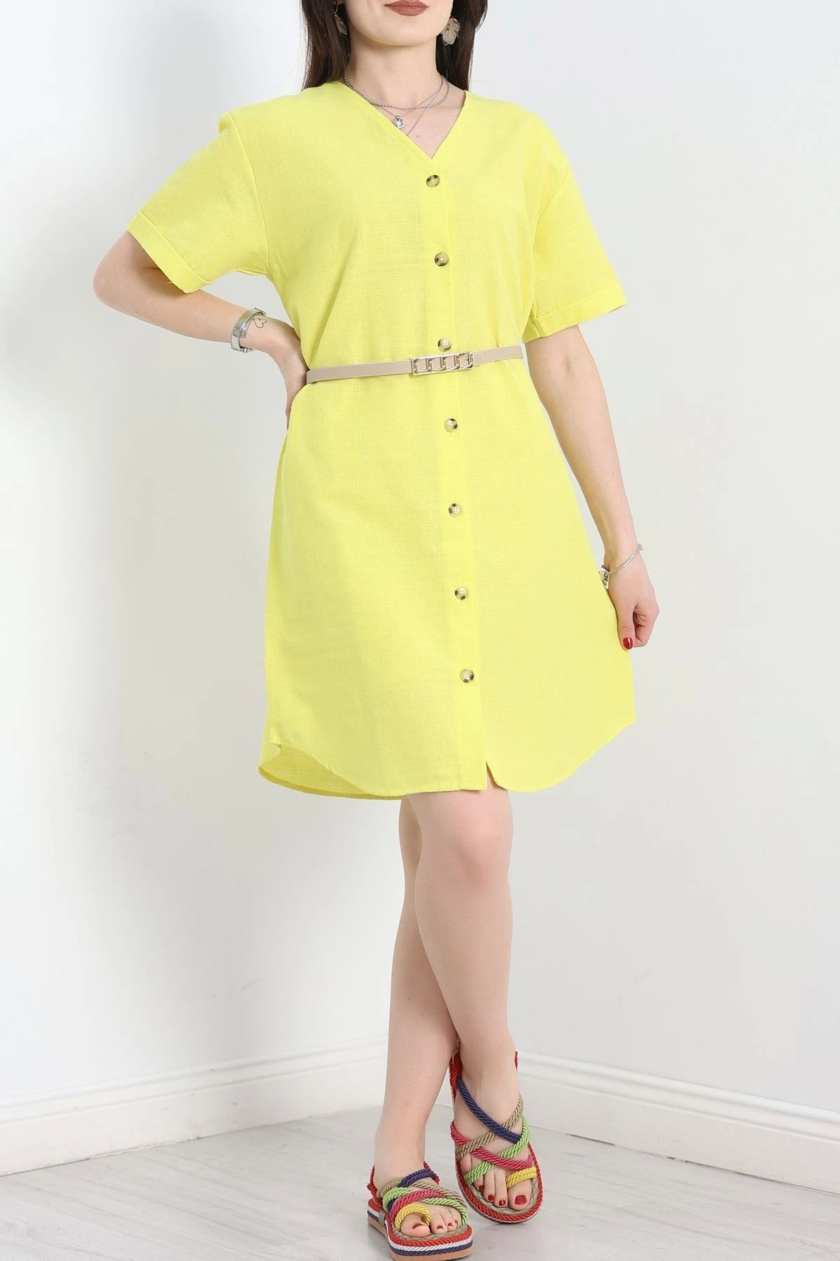 OurStyles Düğmeli Keten Elbise Toprak - 40976.701.
