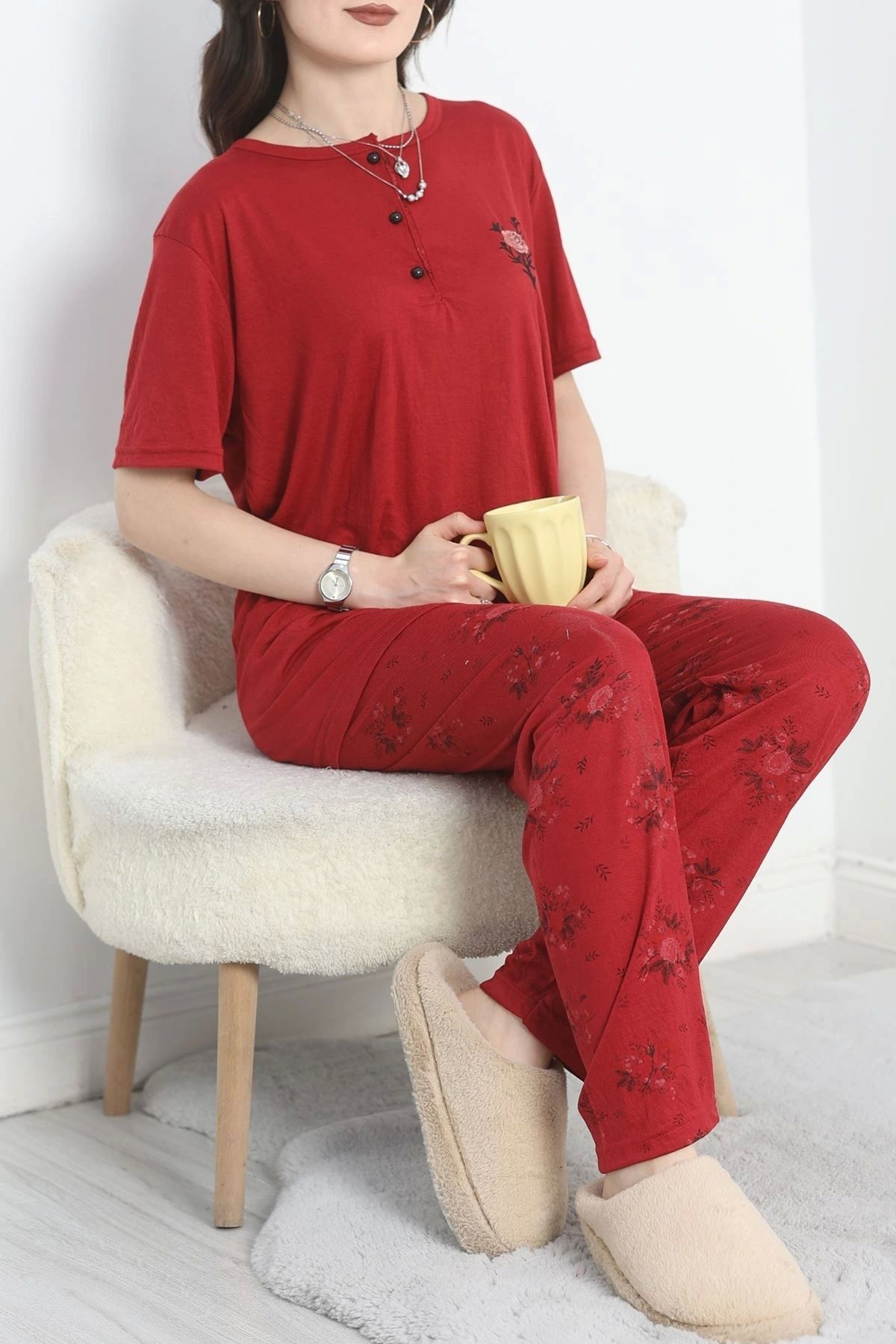 OurStyles Viskon Pijama Takımı Bordo - 50437.1952.