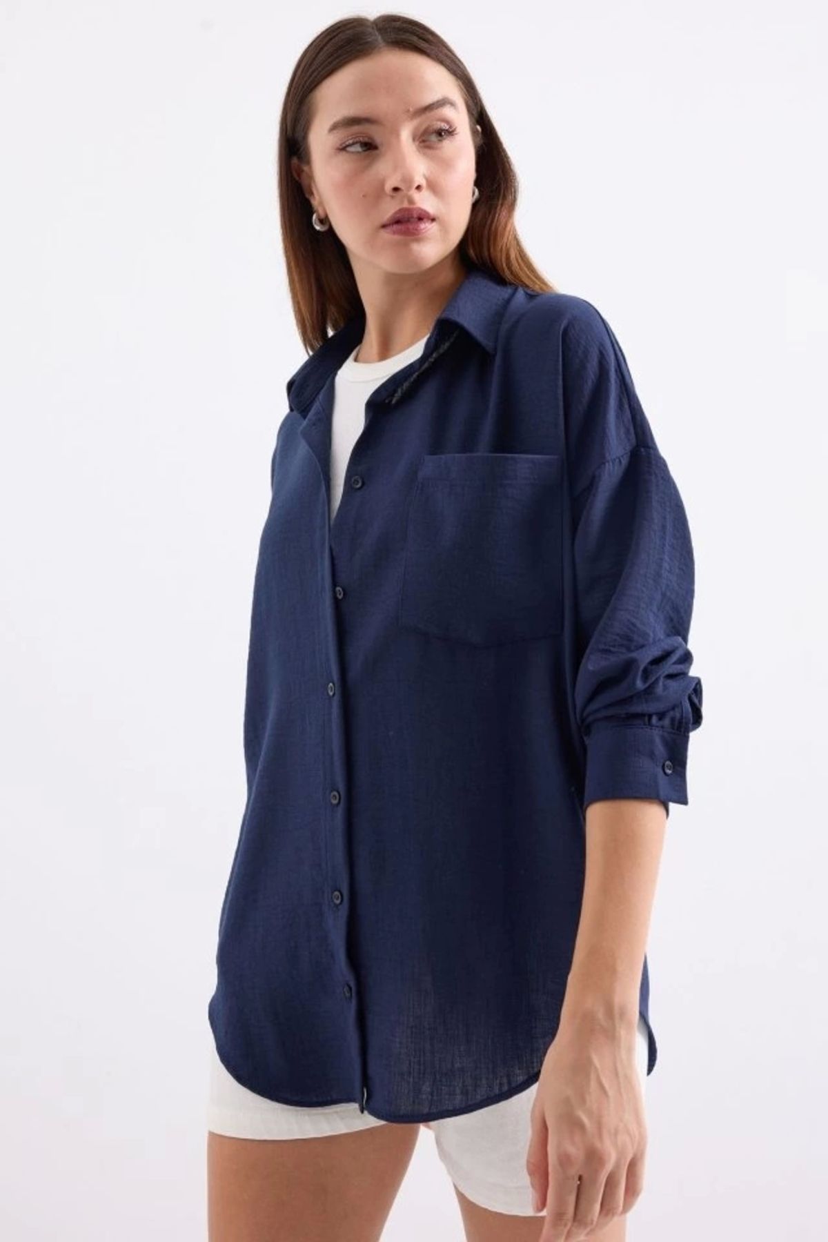 Kaplan 20153 Tek Cepli Oversize Keten Gömlek - D.Lacivert