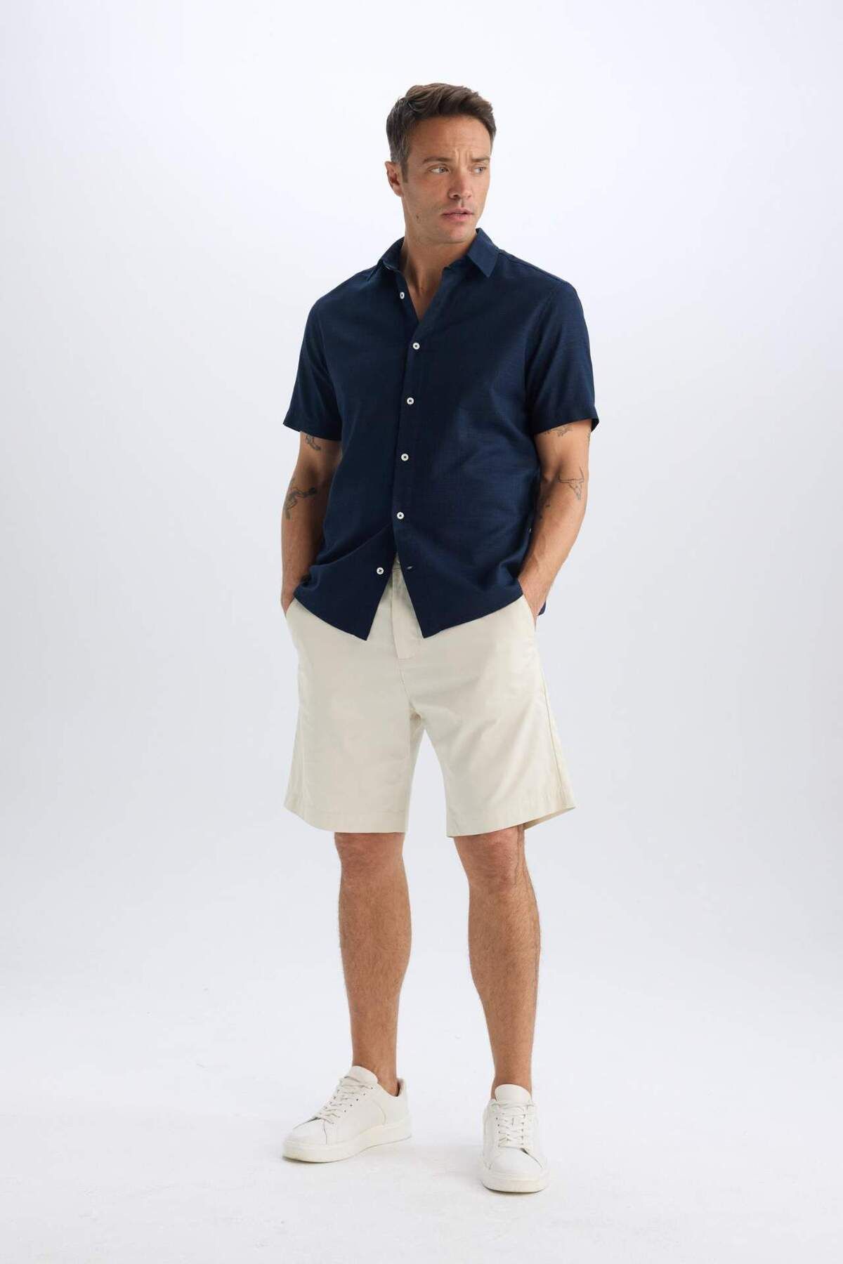 DeFacto-100% Cotton Regular Fit Gabardine Bermuda Shorts C7684Ax25Sp 4