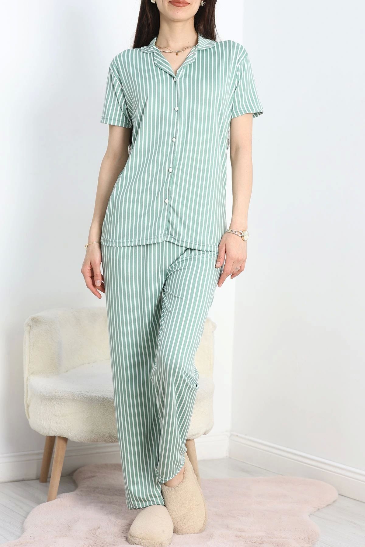 OurStyles Milan Kumaş Düğmeli Pijama Takımı Bordokiraz - 70455.1048.