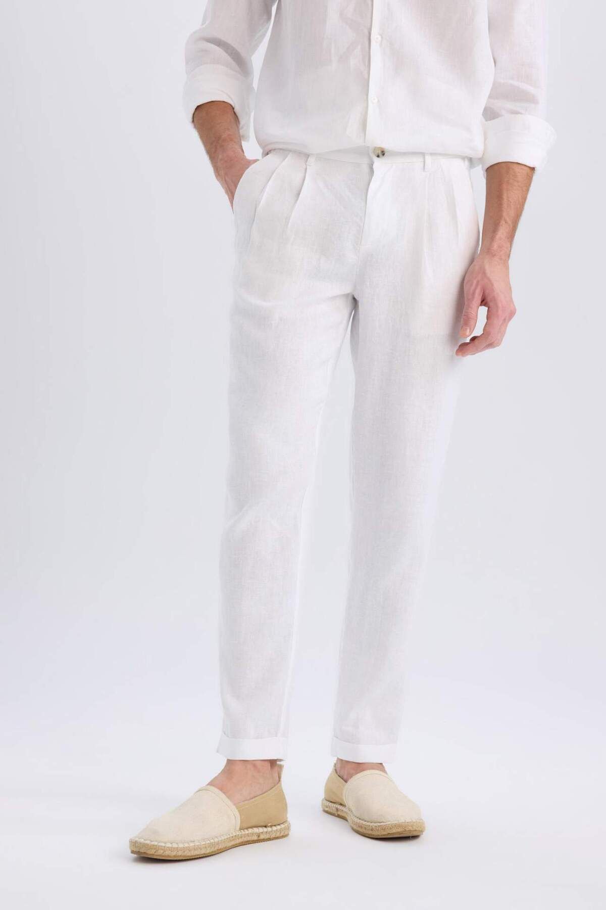 DeFacto %100 Keten Normal Kesim Crop Duble Paça Yazlık Beyaz Kumaş Pantolon C1826AX25SM