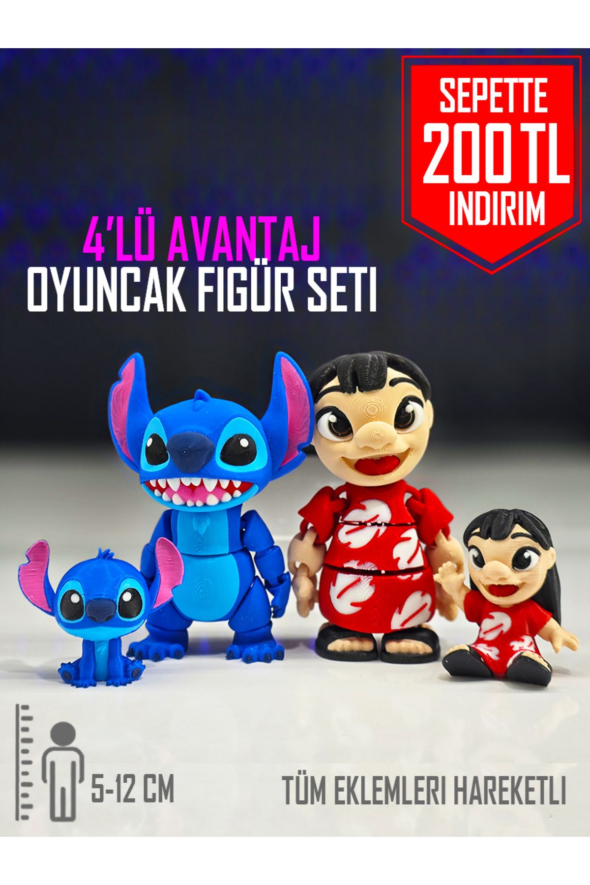 Suelo Butik Lilo ve Stiç 4'lü Avantaj Seti 2 Adet Eklemleri Hareketli Oyuncaklar ve 2 Adet Figür Stitch (4 Adet)