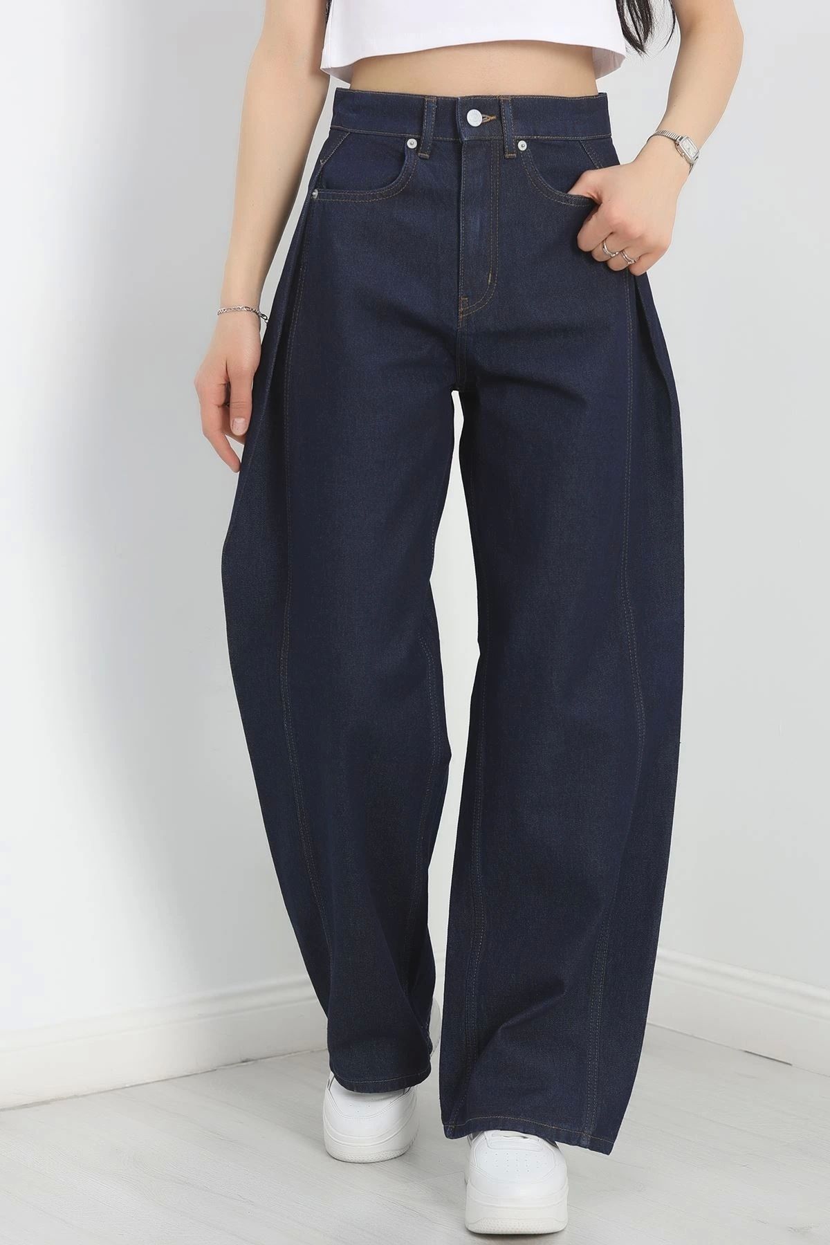 OurStyles Büzgü Detaylı Baggy Kot Pantolon Lacivert - 30434.1966.