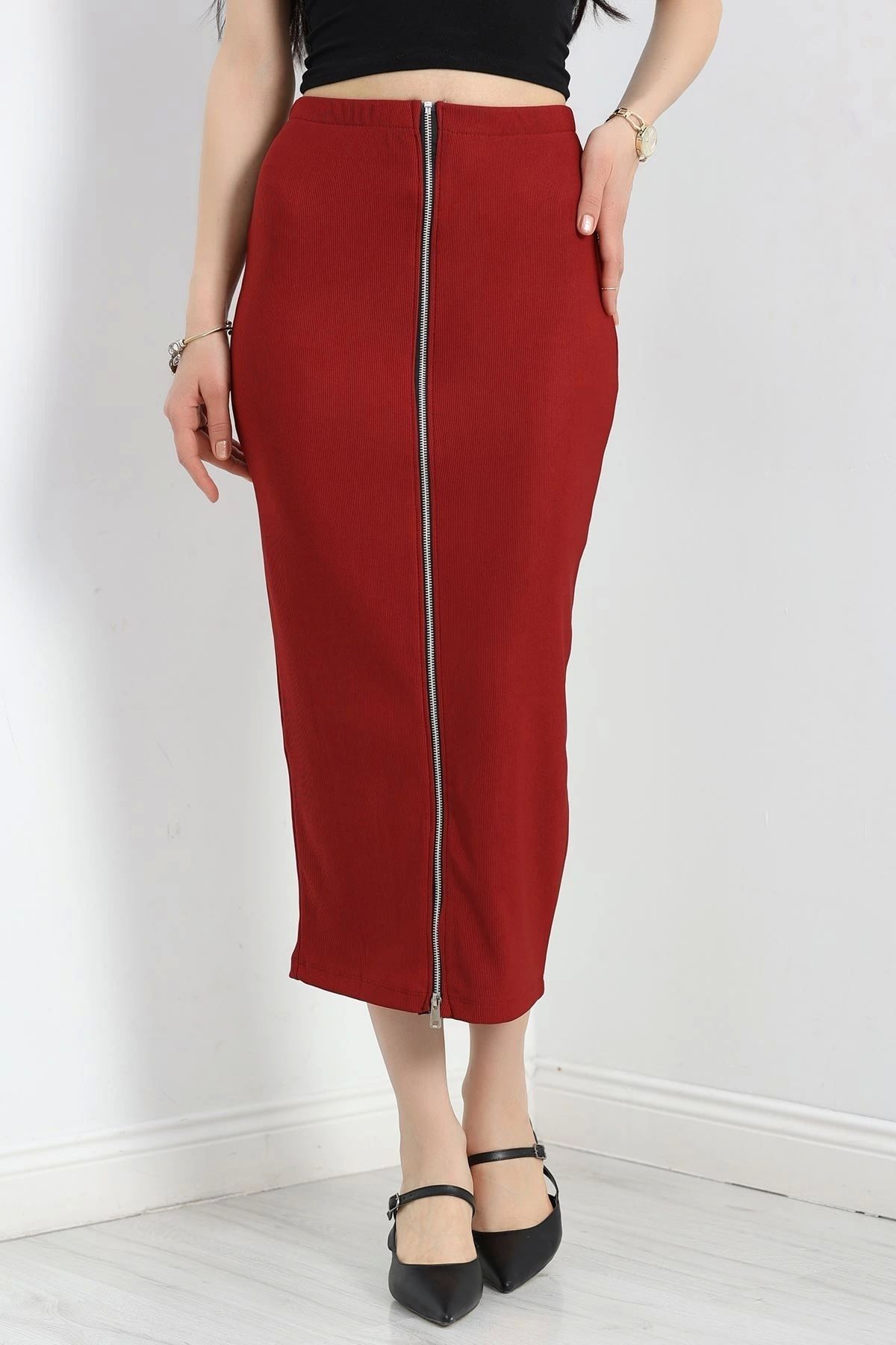 OurStyles Fermuarlı Etek Bordo - 40476.1247.
