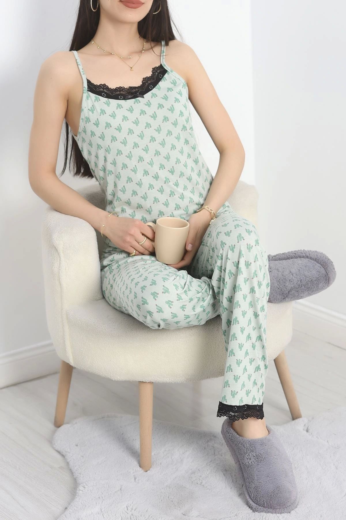 OurStyles Modal Kumaş Dantelli Pijama Takımı Mint - 620.1287.