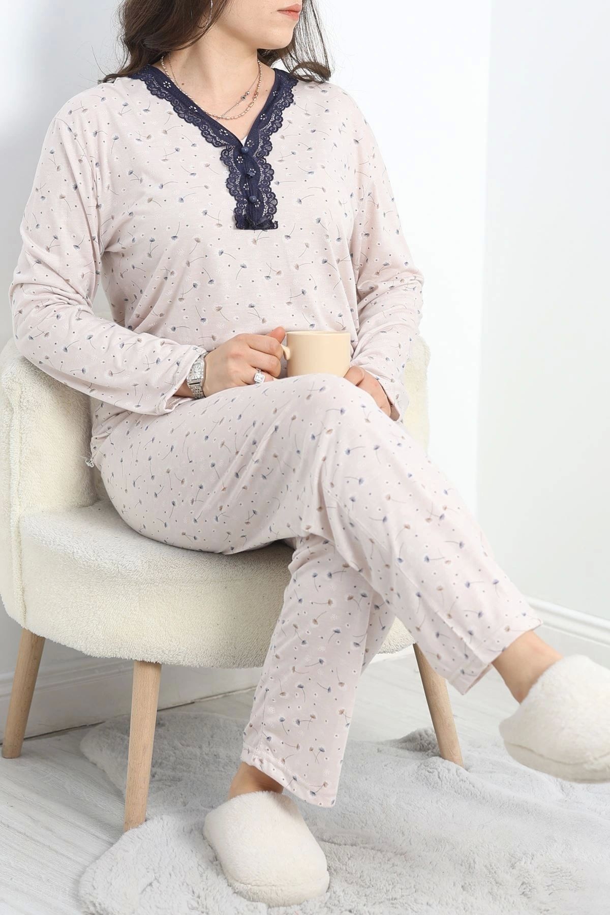 OurStyles Büyük Beden Dantelli Pijama Takımı Bej - 773.1287.
