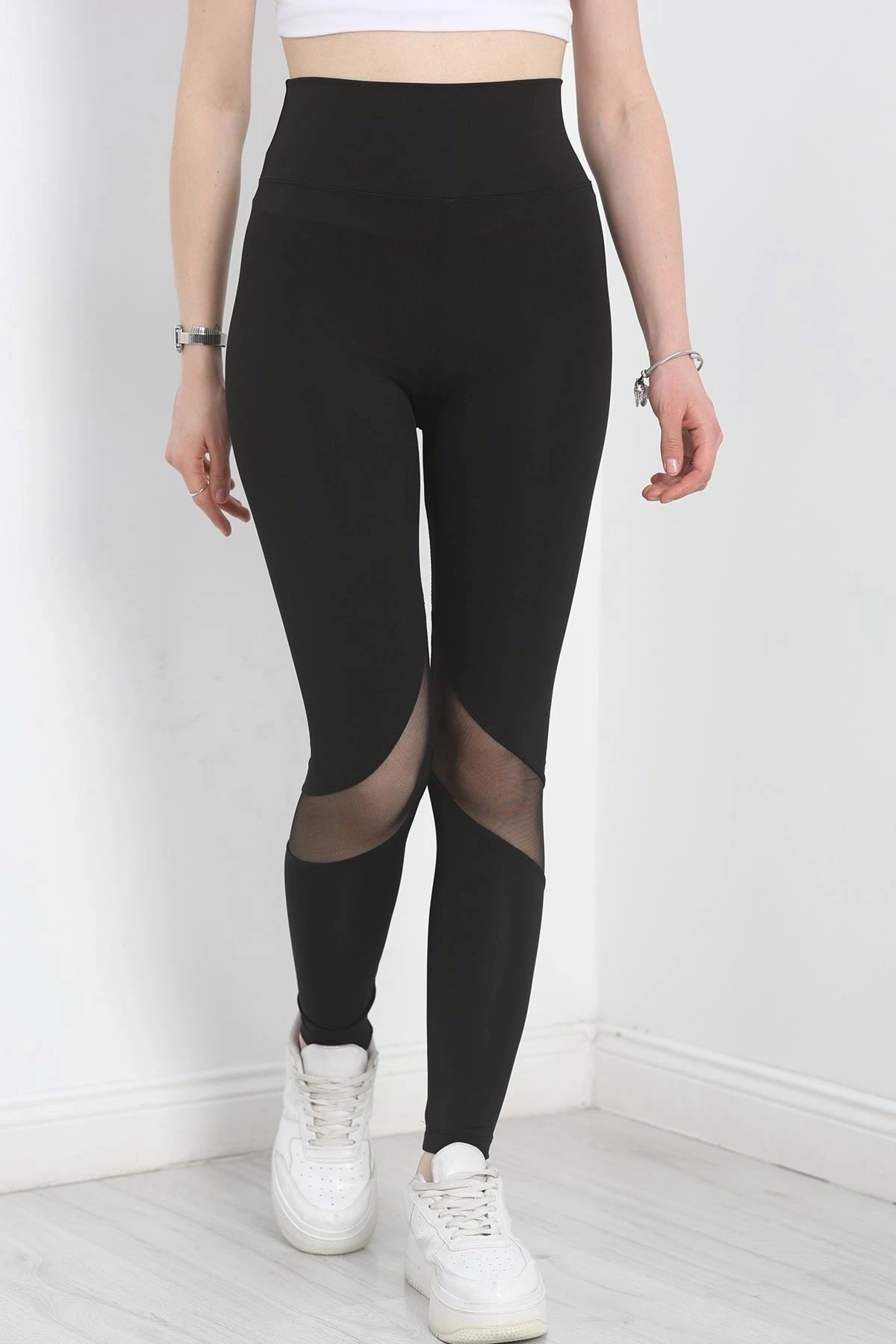 OurStyles Tül Detaylı Dalgıç Tayt Siyah - 50422.1919.