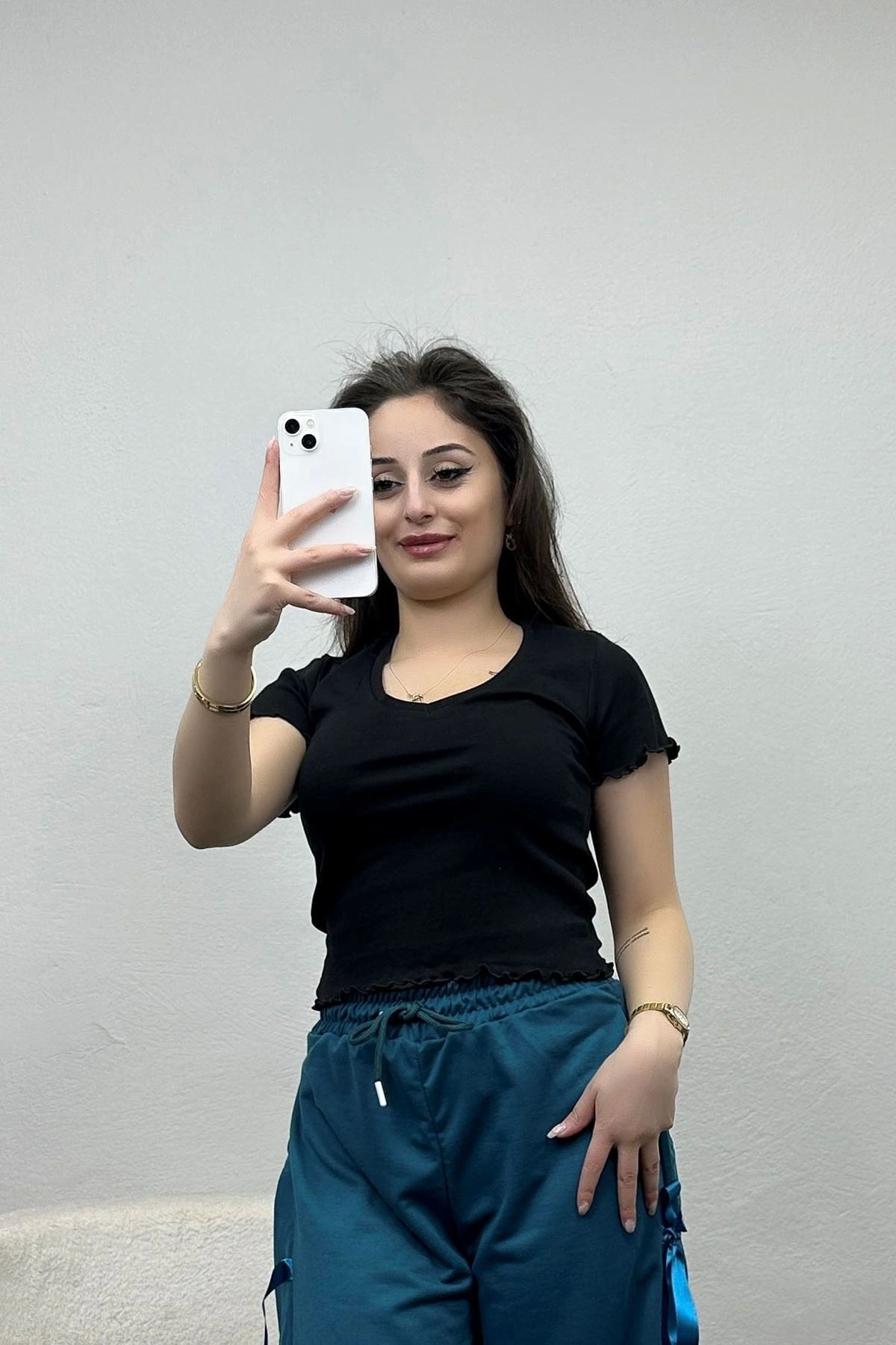 OurStyles Etek Ve Kol Büzgülü V Yaka Tişört Siyah - 21810.200.