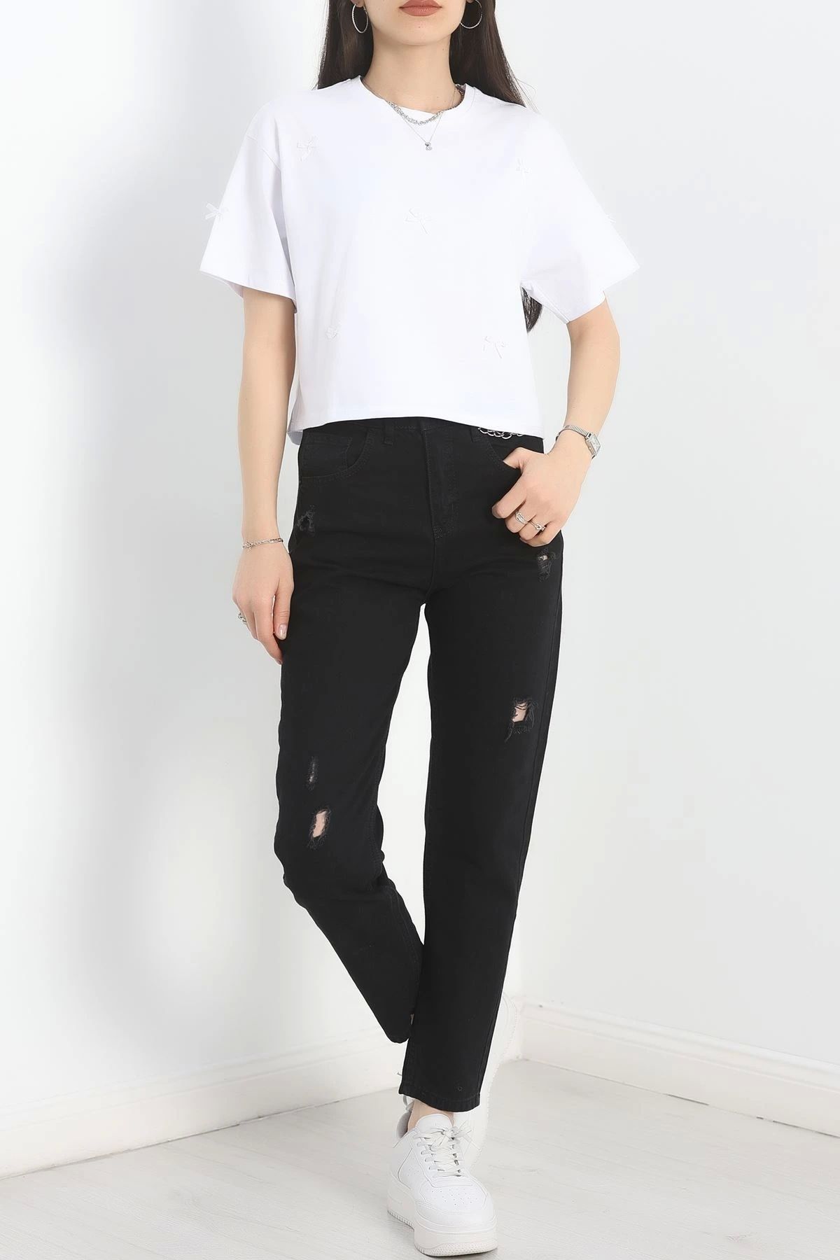 OurStyles Kurdele Detay Oversize Crop Tişört Siyah - 30614.1872.