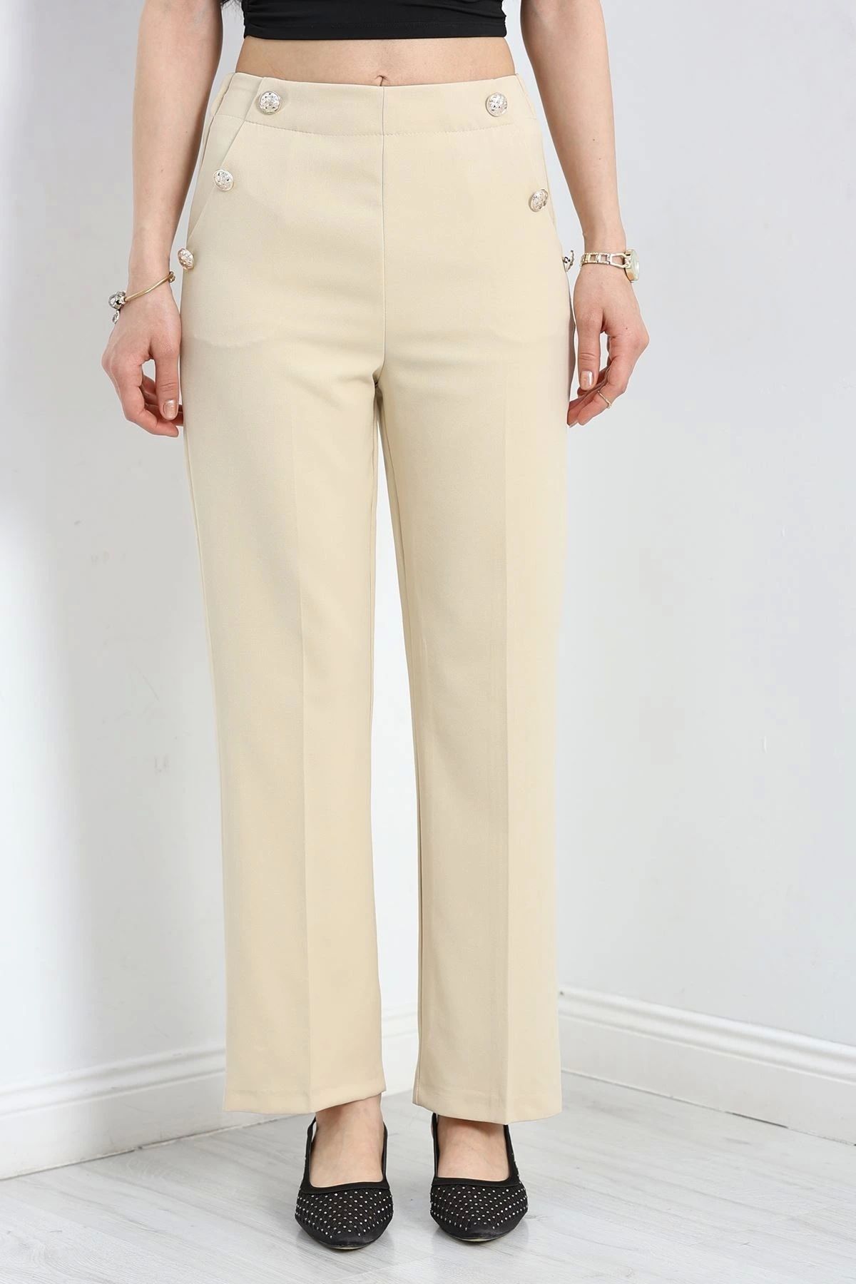 OurStyles Düğme Detaylı Palazzo Pantolon Taş - 20742.683.