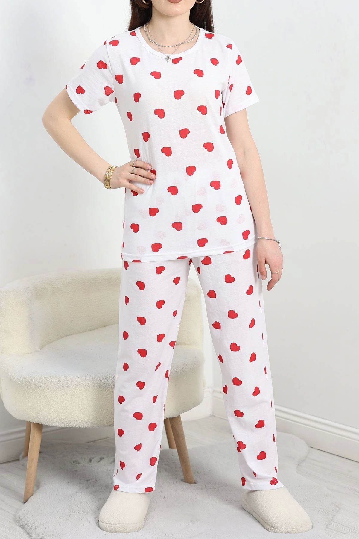 OurStyles Kısa Kollu Süprem Pijama Takımı Beyazkırmızı - 40458.1048.