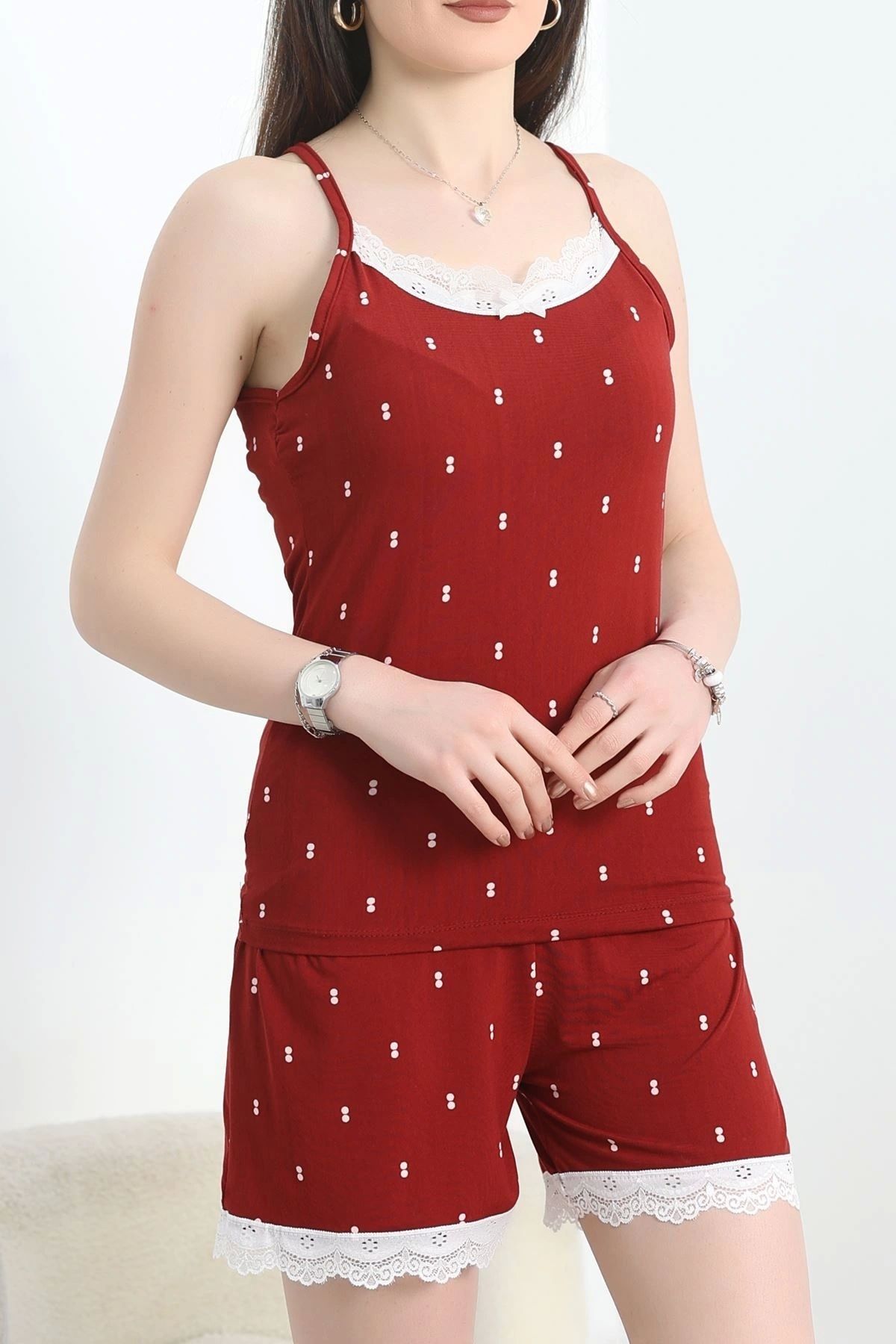 OurStyles Milan İp Askılı Dantelli Şort Takım Pembekırmızı - 765.1287.