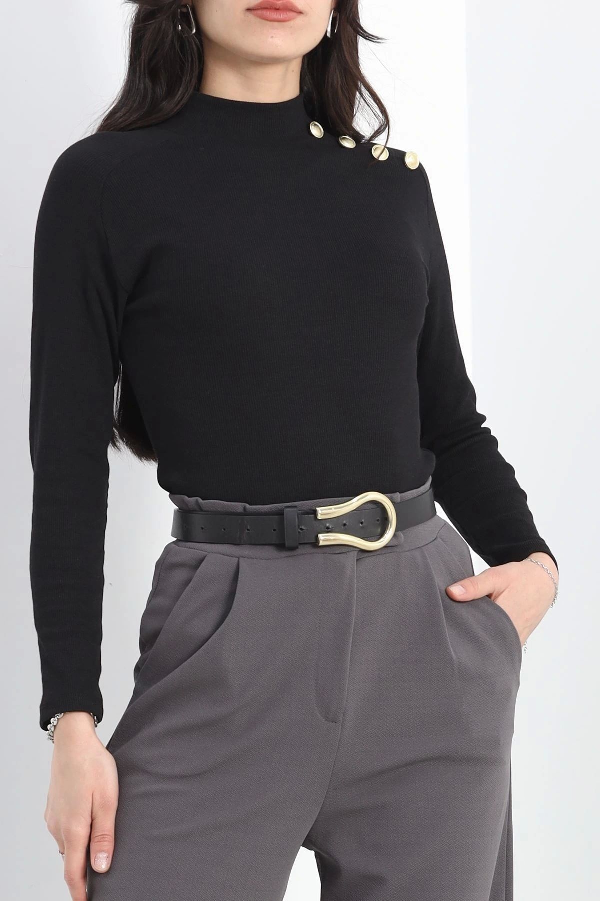 OurStyles Yaka Düğmeli Bluz Siyah - 19627.599.