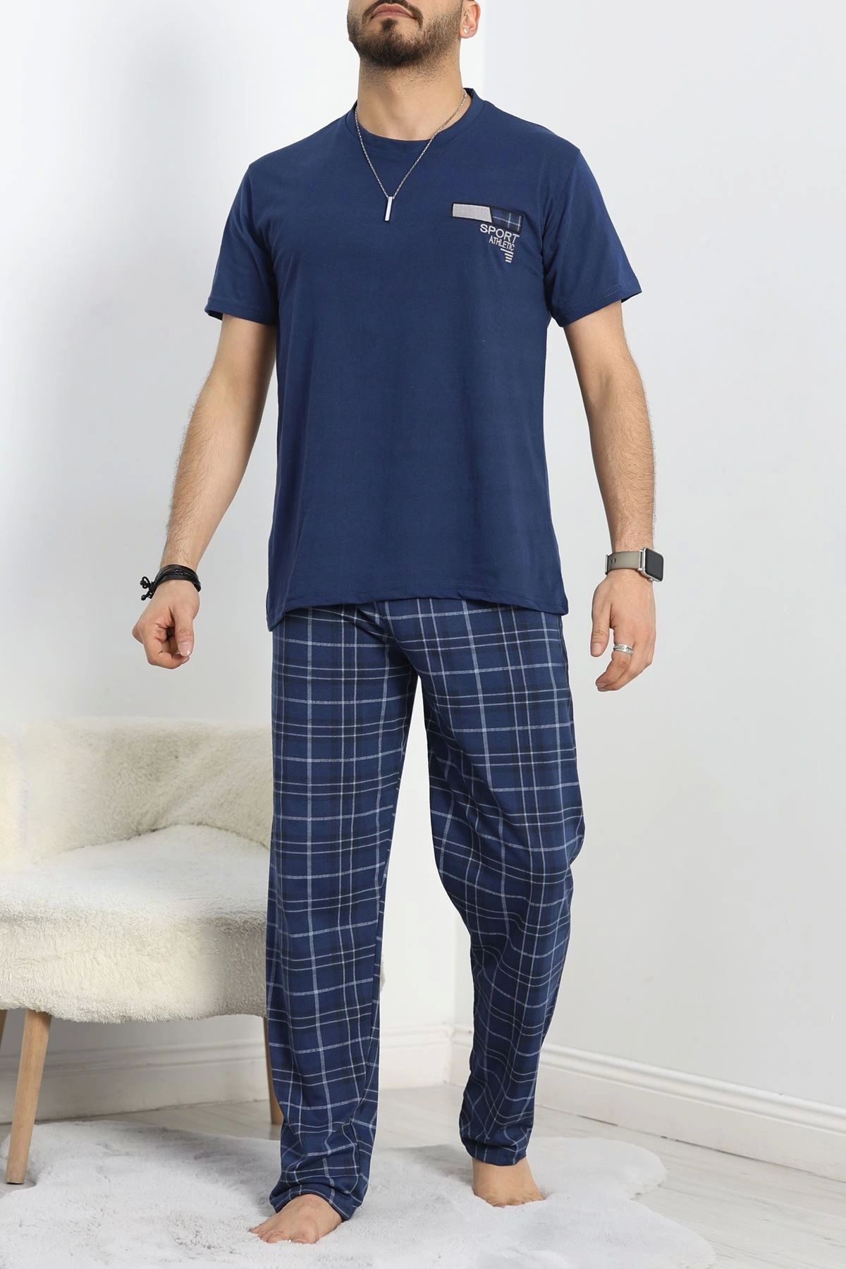 OurStyles Süprem Erkek Kısa Kol Pijama Takımı Lacivertkareli - 50439.1048.