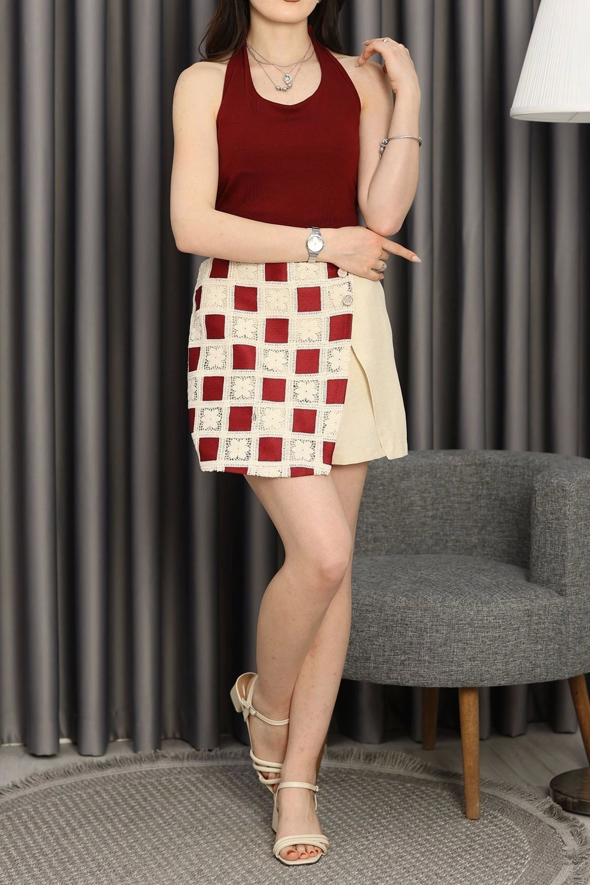 OurStyles Dantel Kareli Etek Bej - 41174.155.