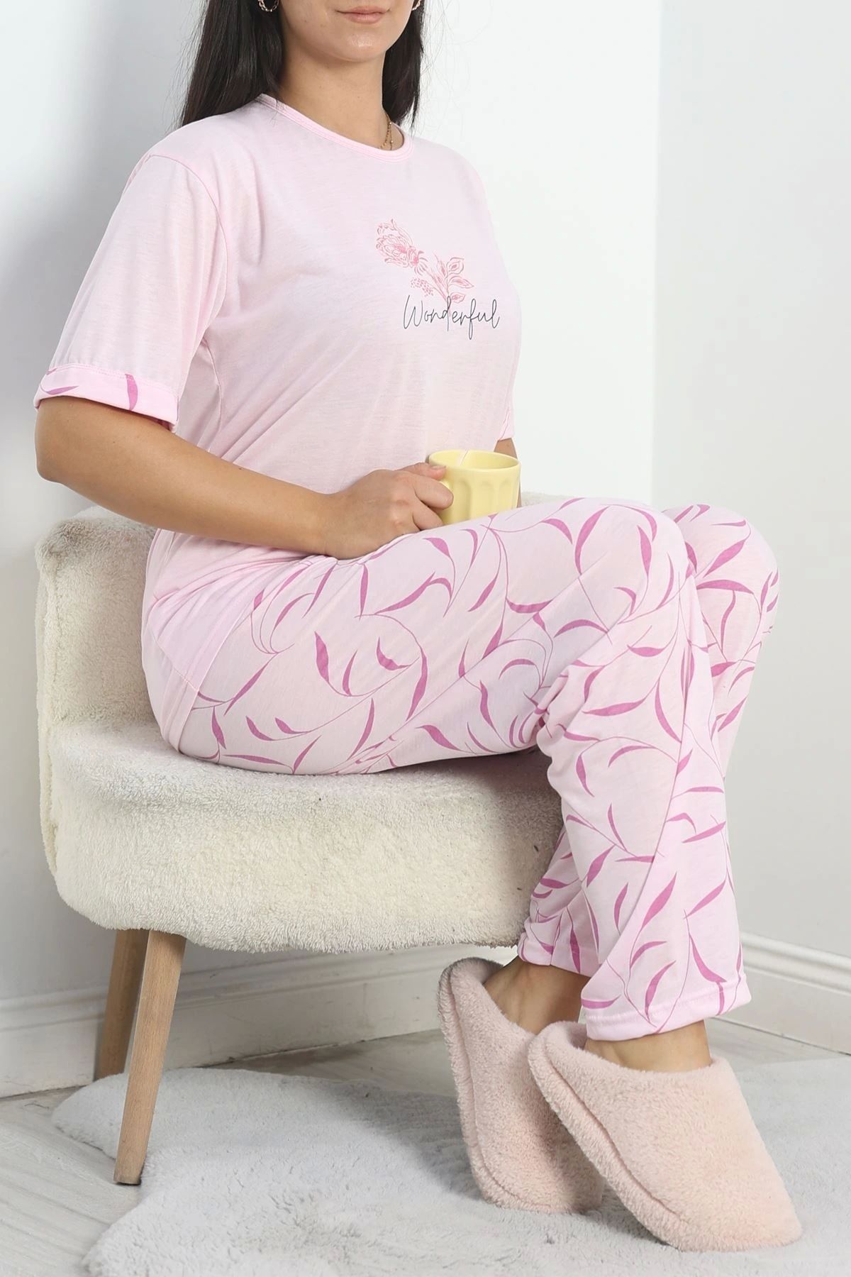 OurStyles Büyük Beden Poliviskon Pijama Takımı Pembemor - 40640.1049.