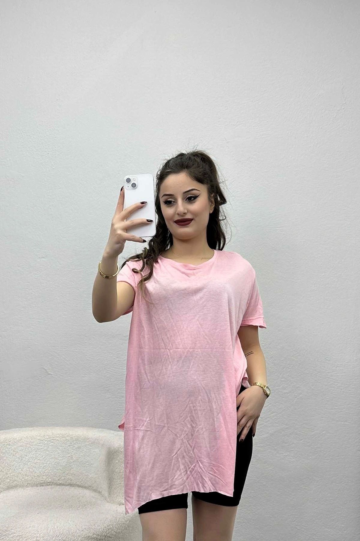 OurStyles Bisiklet Yaka Tunik Tişört Pembe - 19598.200.
