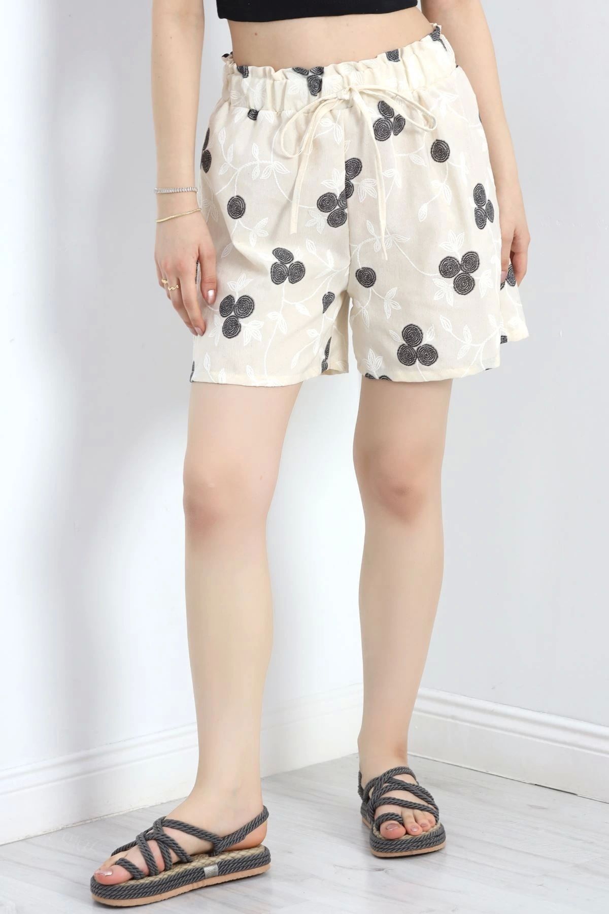 OurStyles Desenli Keten Şort Bejmavi - 30260.1837.