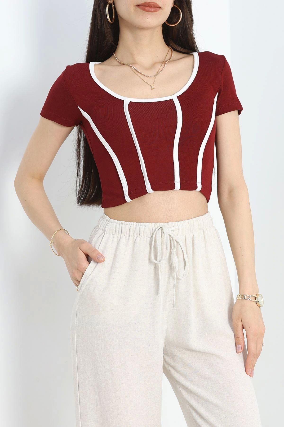 OurStyles Dikiş Detay Crop Bluz Ekru - 41245.1723.