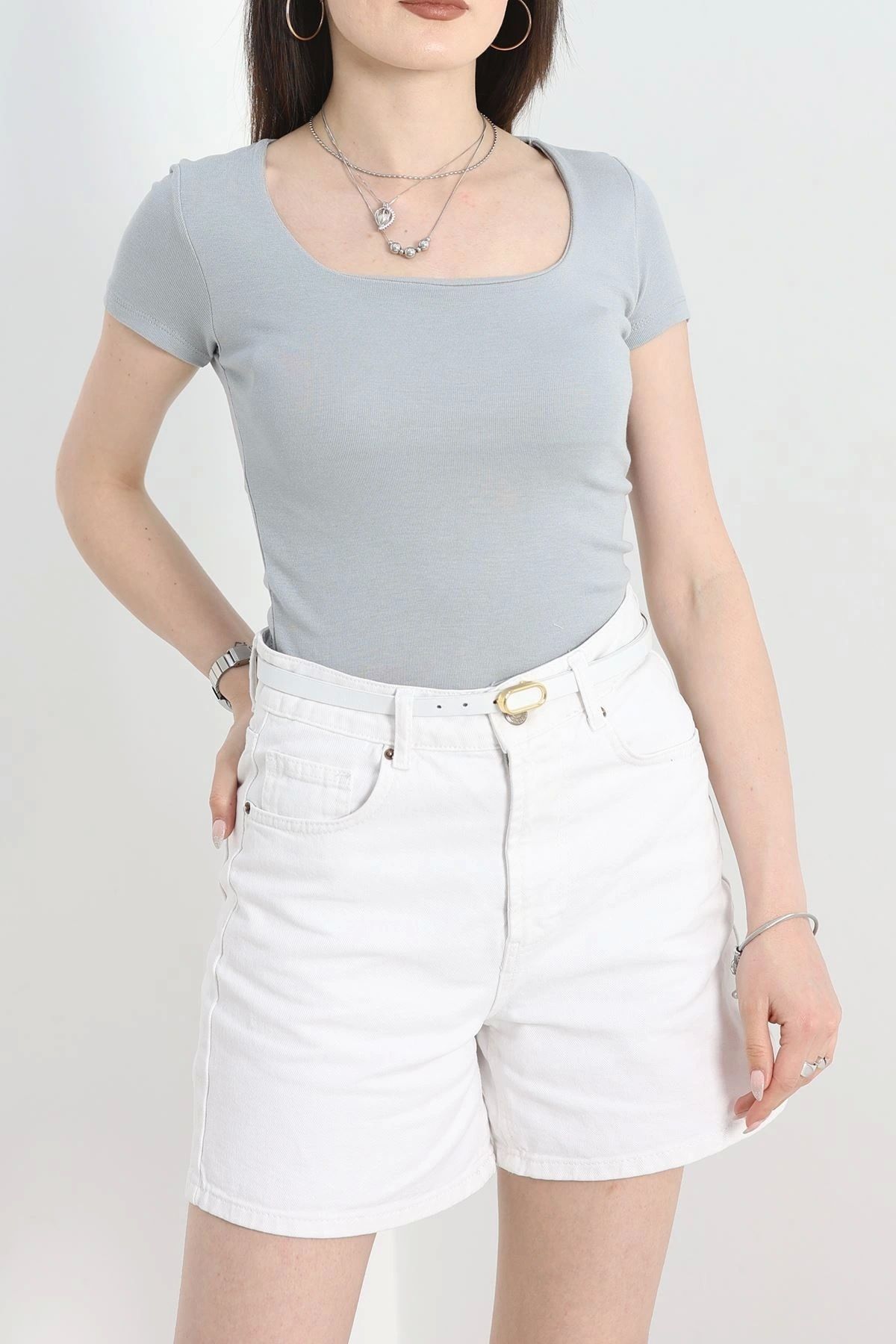 OurStyles Kare Yaka Kısa Kollu Bluz Lacivert - 41243.1723.