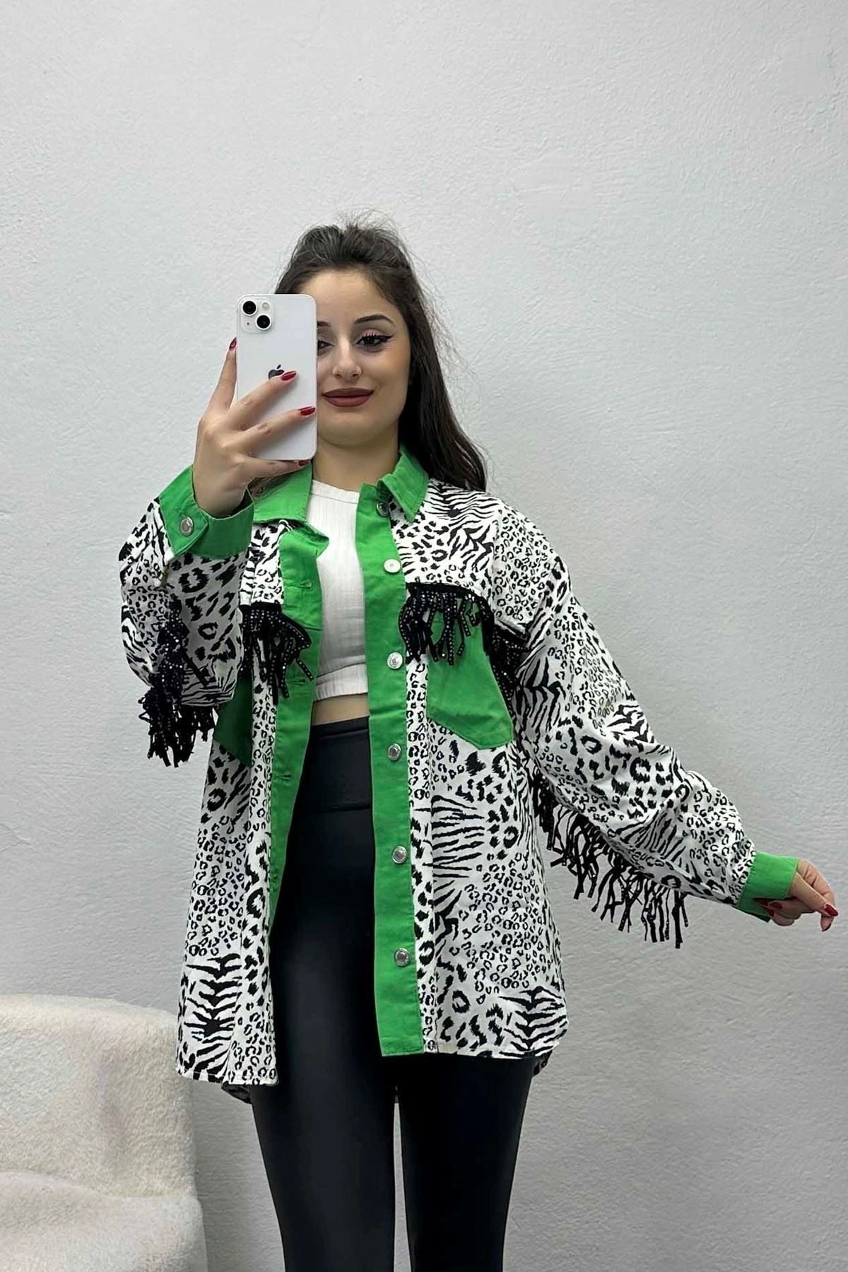 OurStyles Püsküllü Ceket YeşilBeyaz - 2558.1367.
