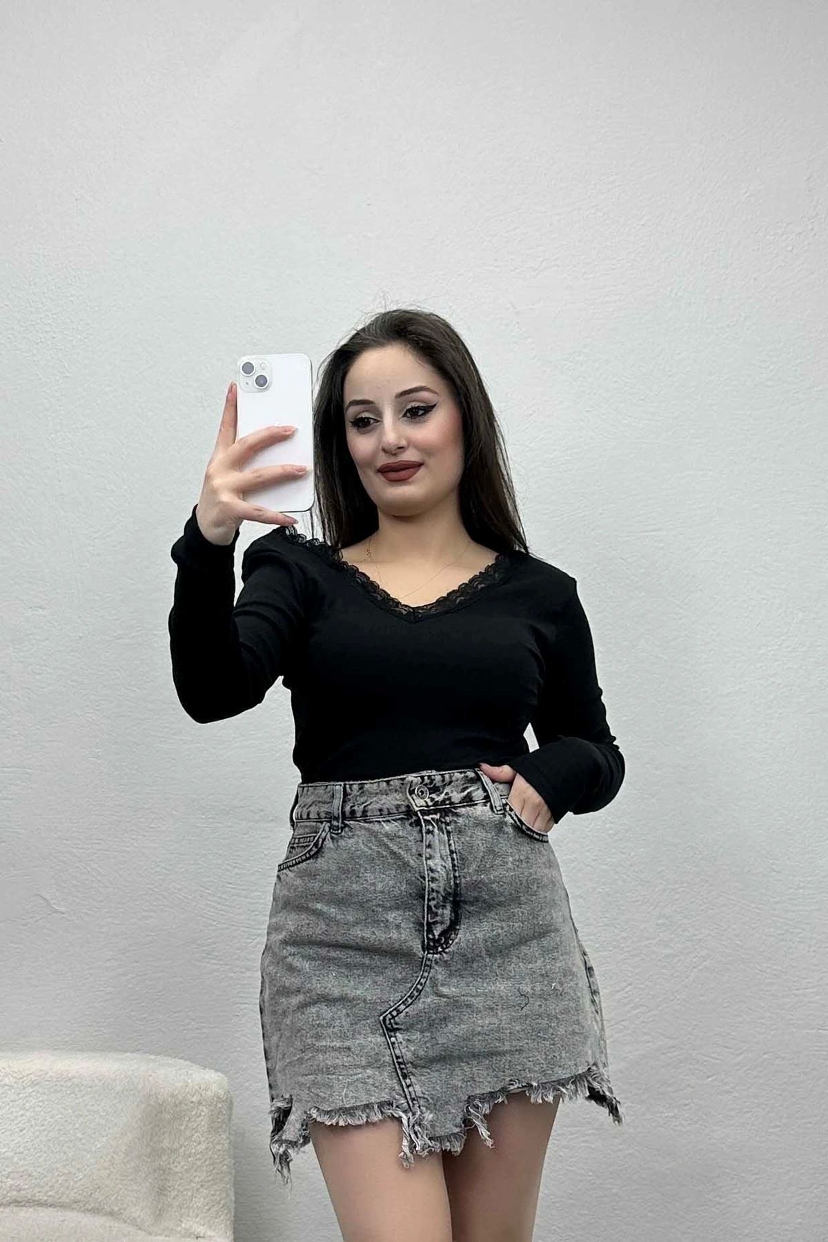 OurStyles V Yaka Dantelli Kaşkorse Body Siyah - 19447.599.