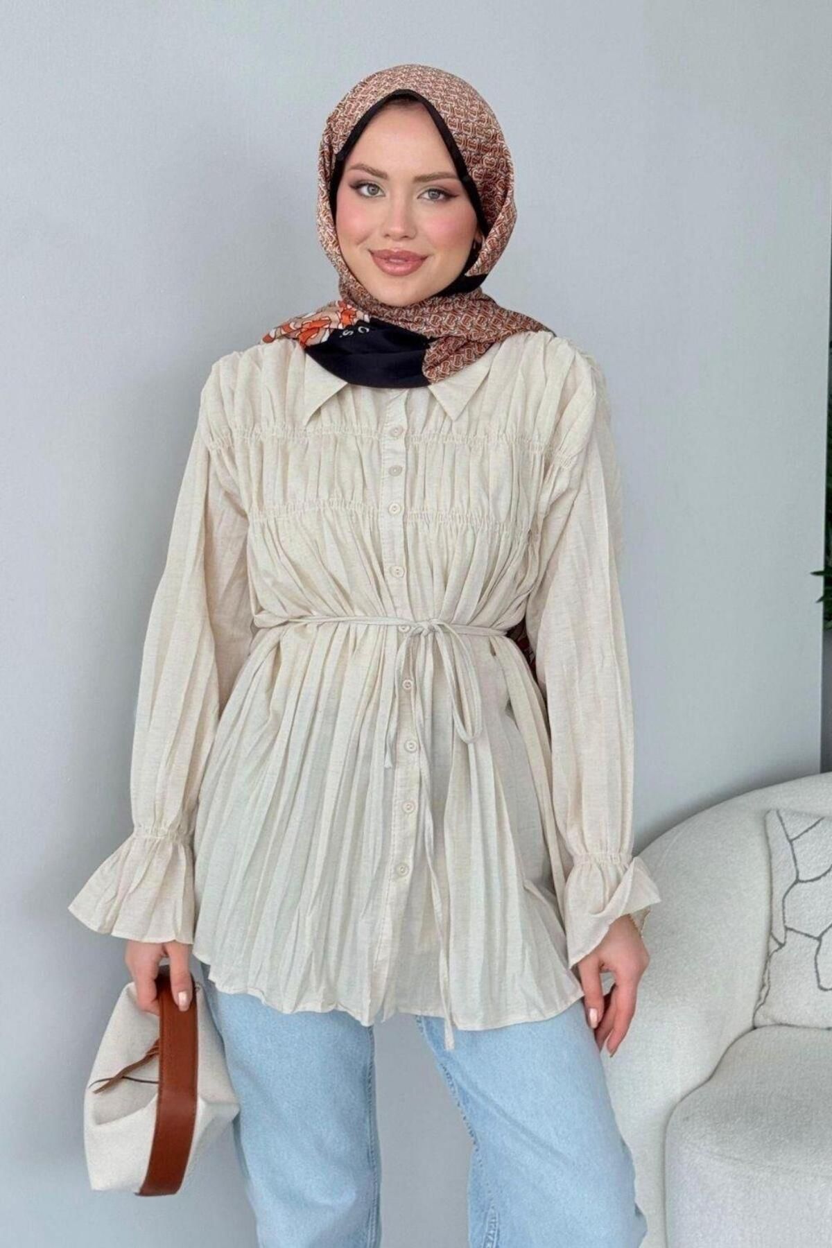 Şulemoda Giyim Lotus Piliseli Gömlek Bej