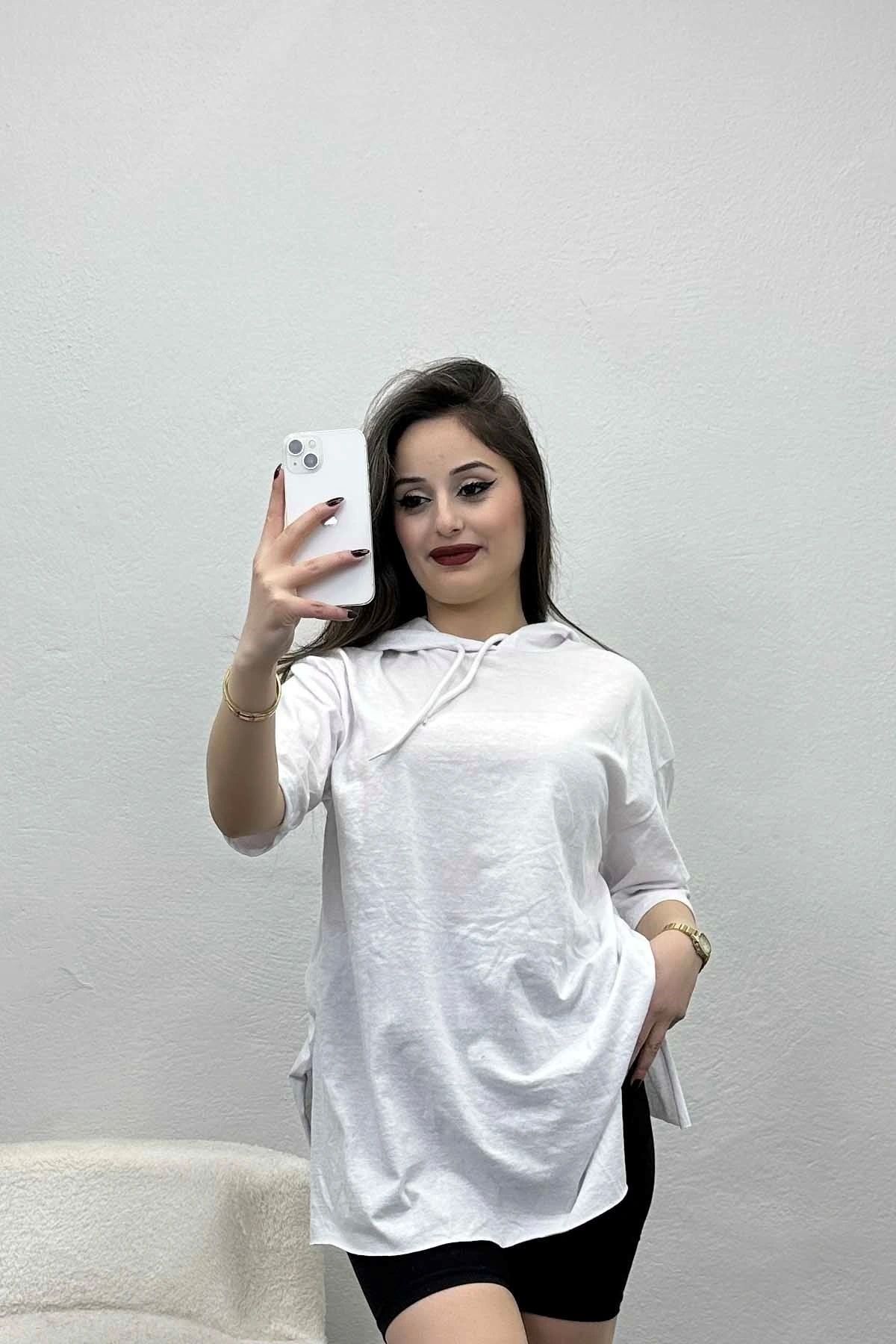 OurStyles Kapşonlu Yırtmaçlı Tişört Gülkurusu - 3200.1567.